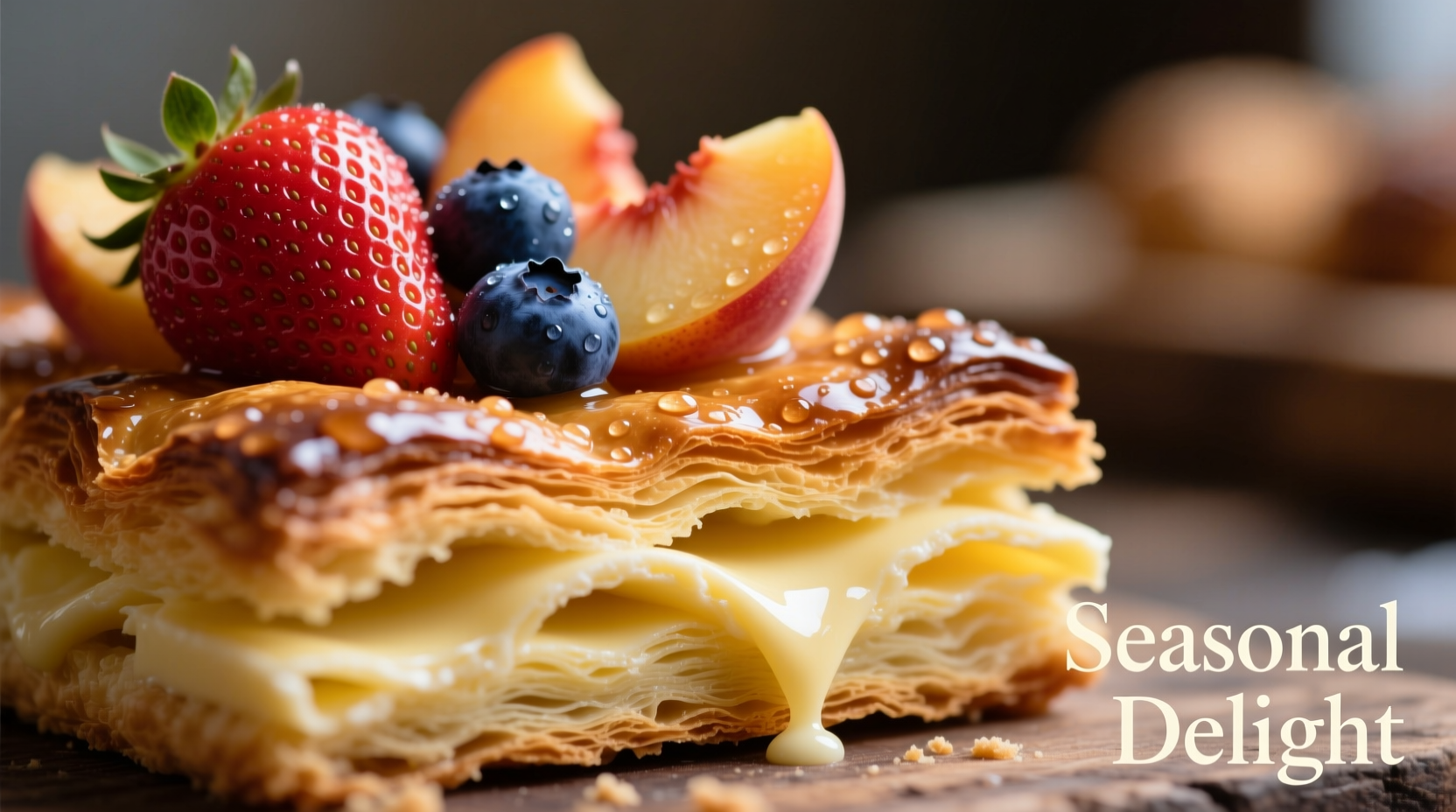 Close-up of flaky gourmet pastry with visible butter layers and seasonal fruit
