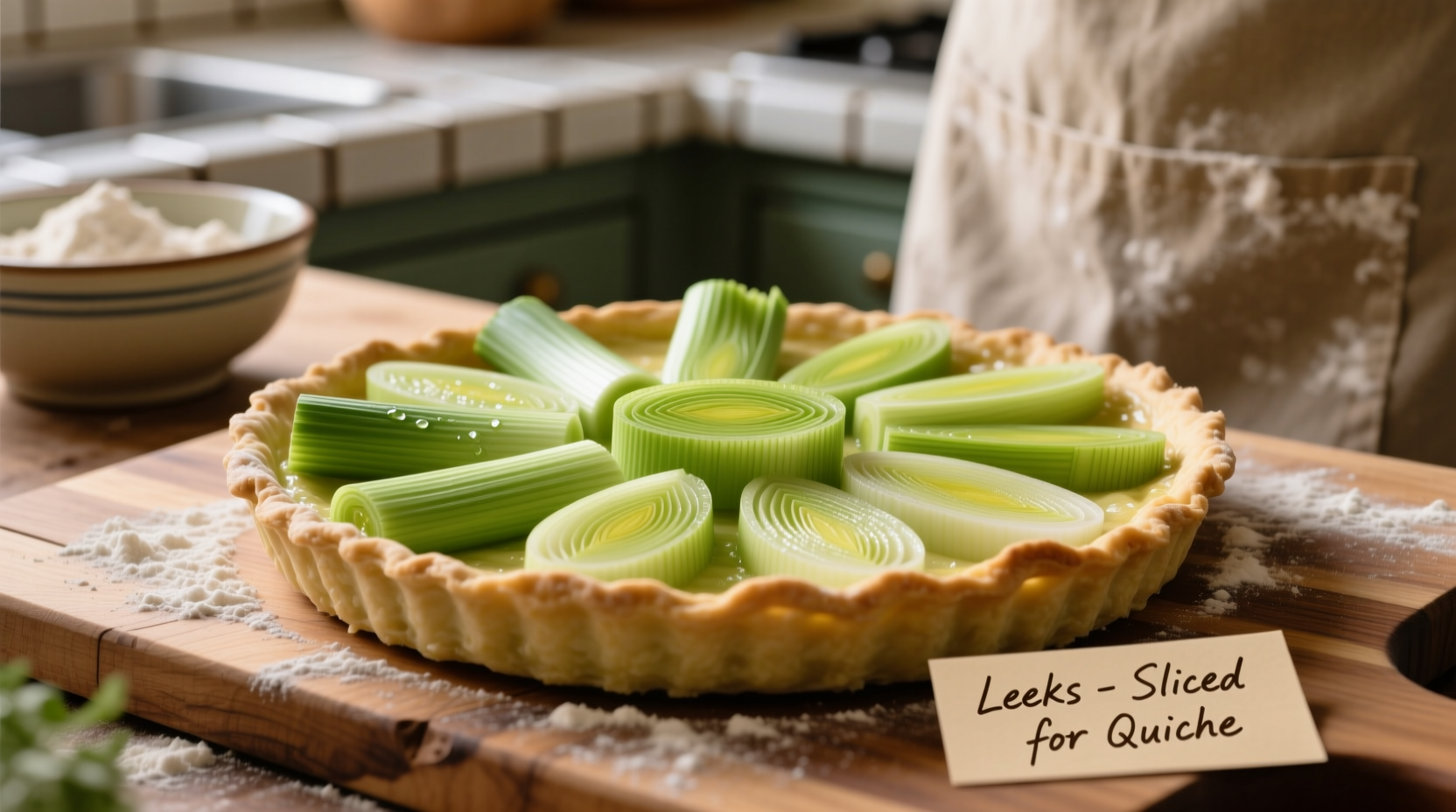 Fresh leeks sliced for quiche preparation