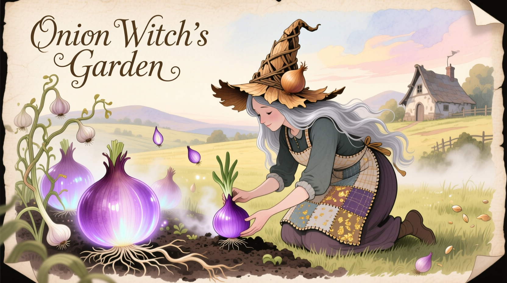 Vintage illustration of onion witch gardening