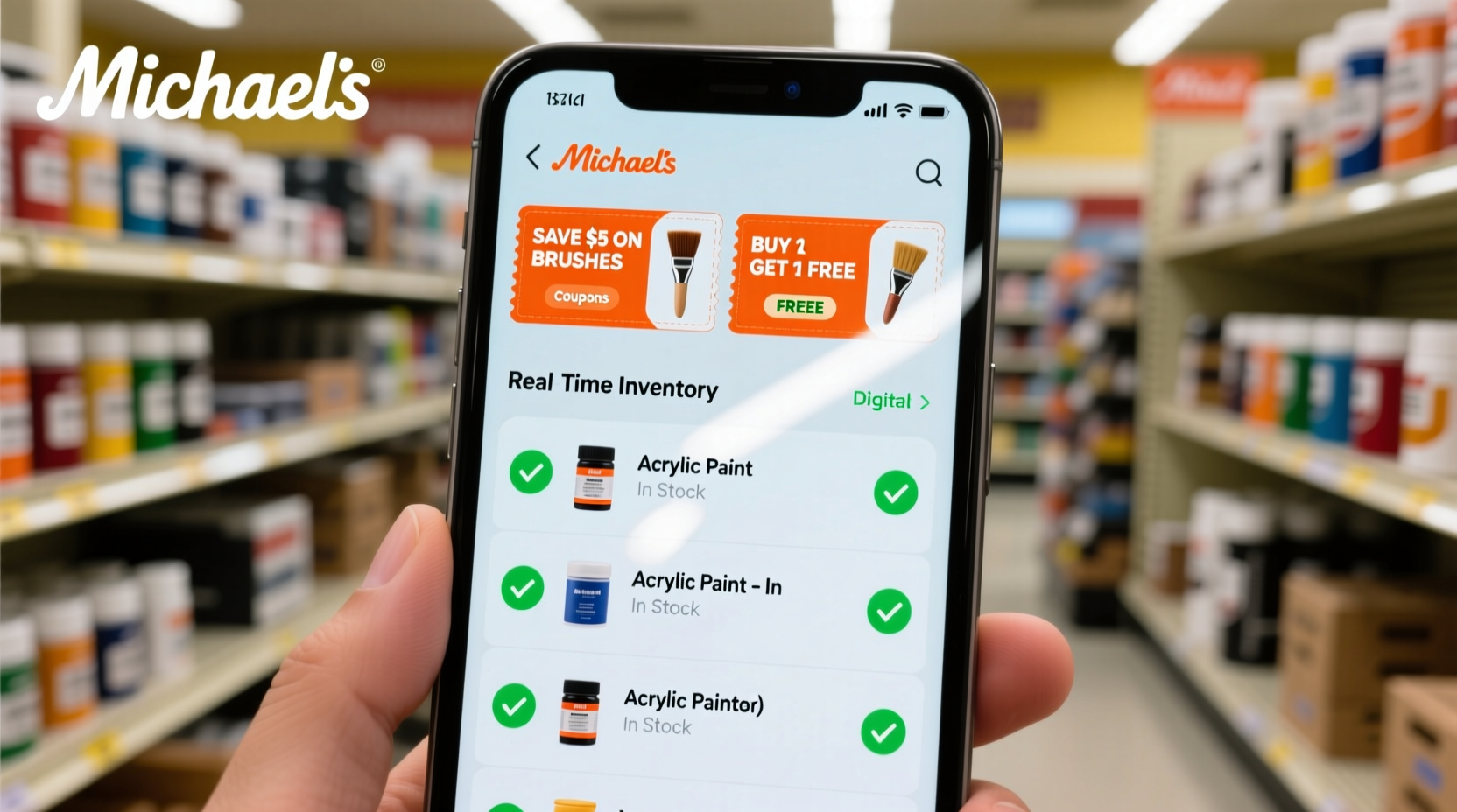 Michaels app showing real-time inventory and digital coupons