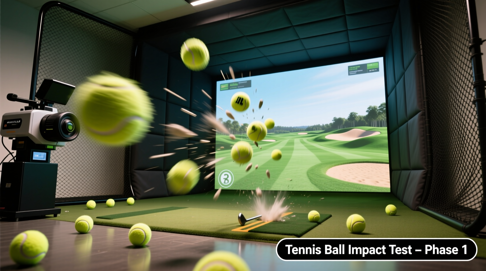 Testing golf simulator enclosure with tennis balls