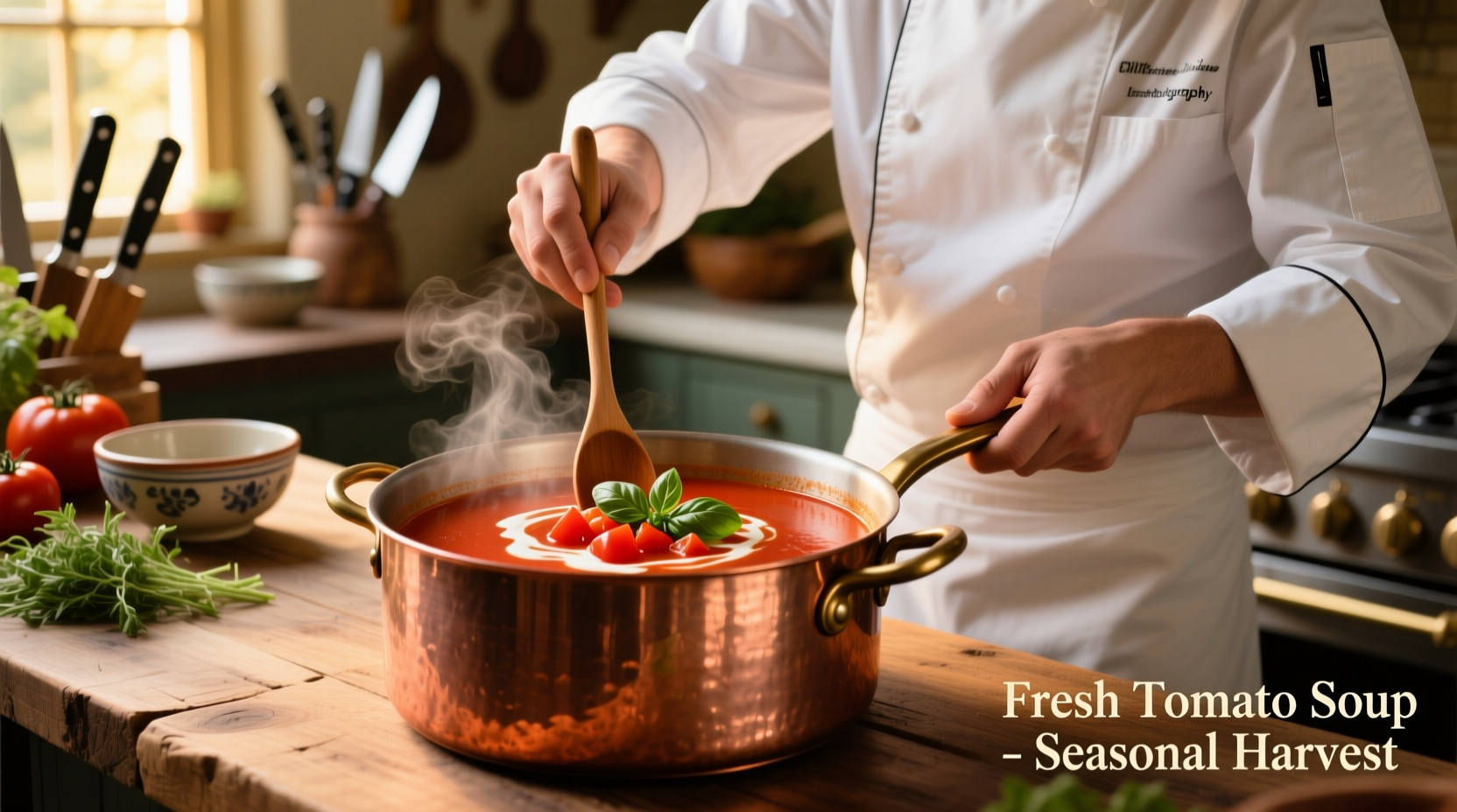 Chef preparing fresh tomato soup in copper pot