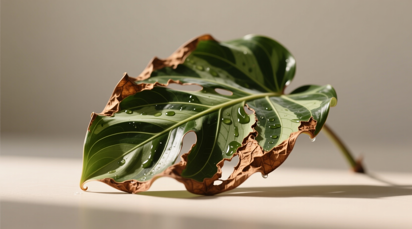 Winter-dry-air-damaged Calathea orbifolia leaf showing irreversible brown edges - humidity issue not watering error