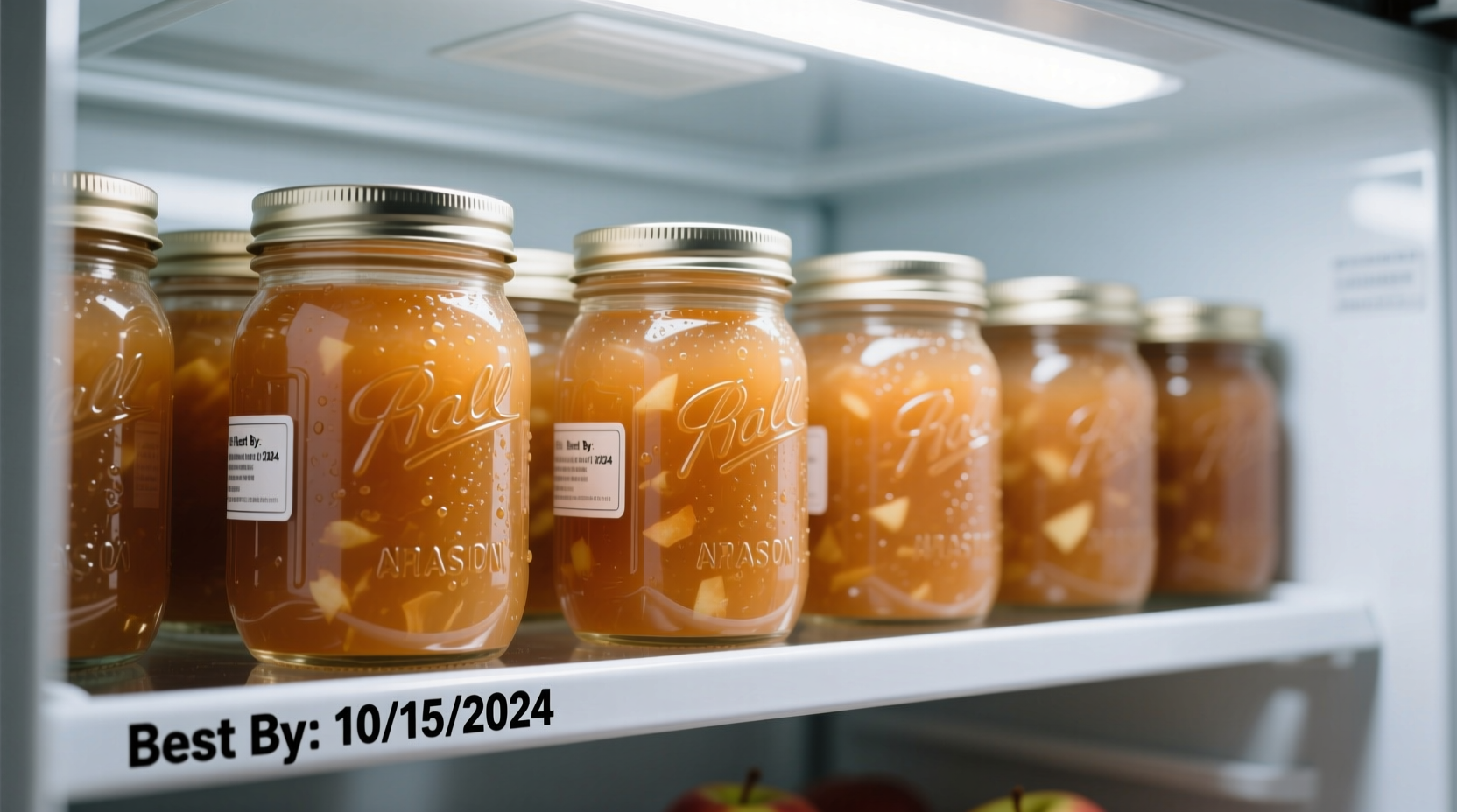 Mason jars of apple sauce stored in refrigerator with freshness dates