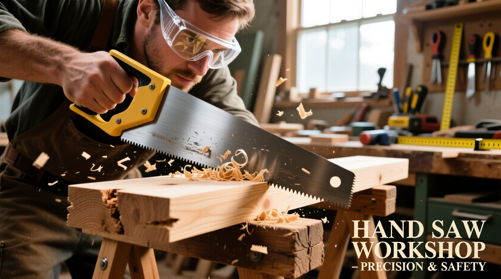 Hand saw cutting wood plank on sawhorses with safety goggles