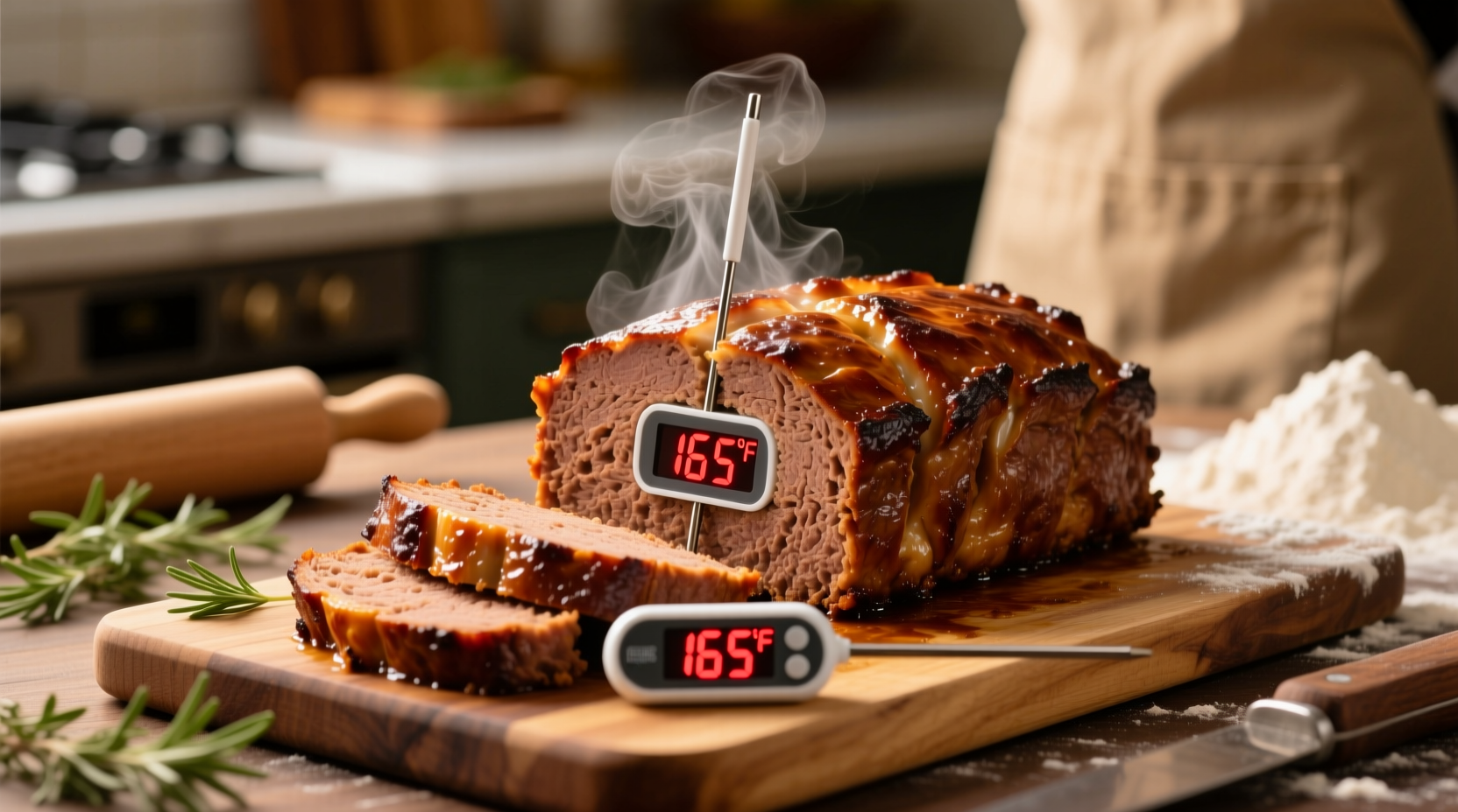 Perfectly cooked meatloaf with internal temperature reading