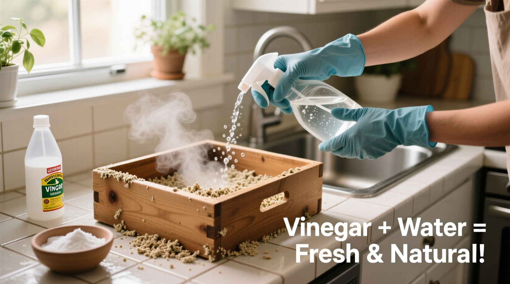 Cleaning DIY cat litter box with vinegar solution