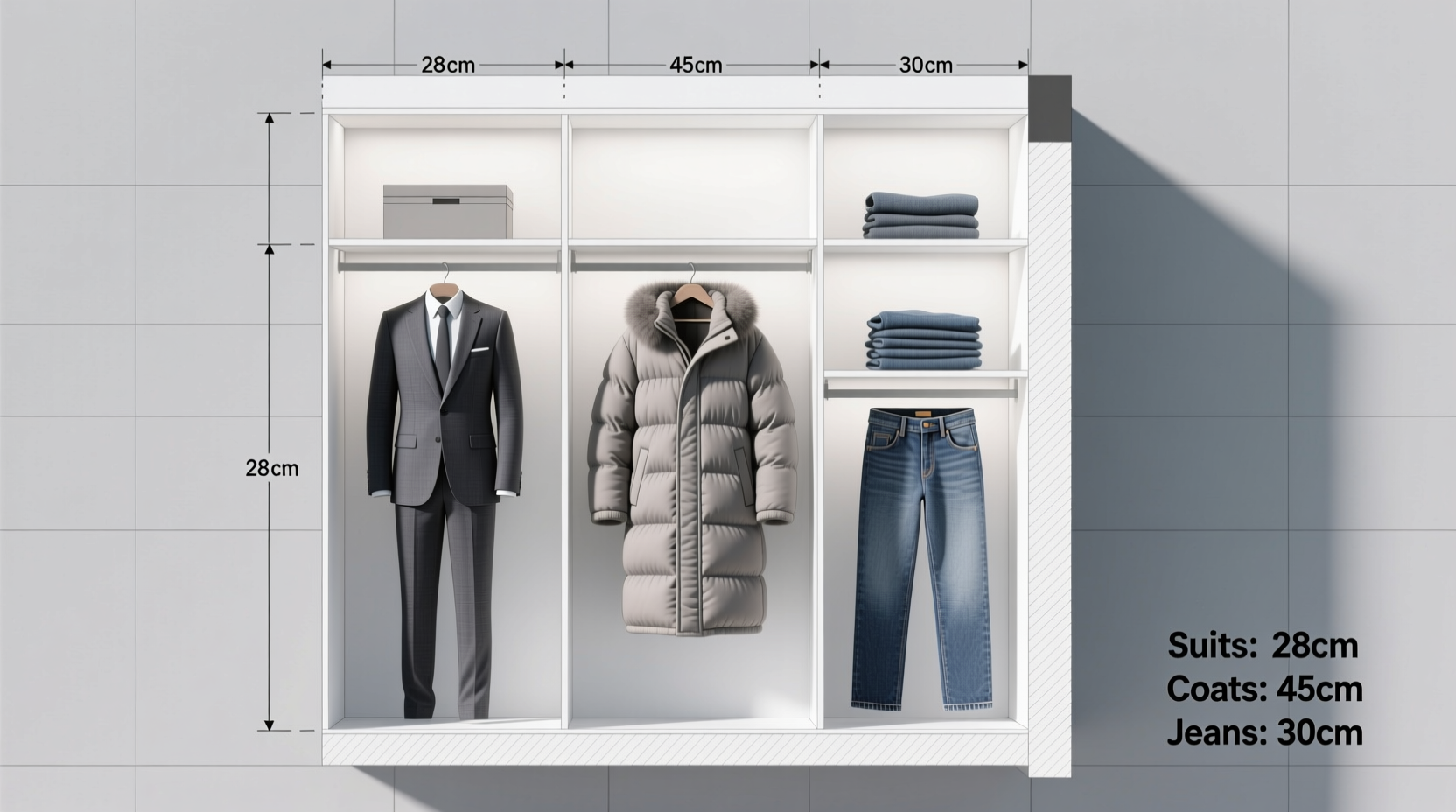 Proper closet depth comparison for different clothing types