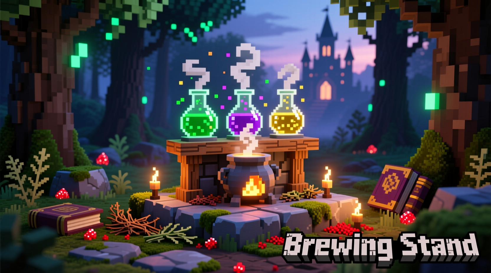 Brewing stand with multiple potions bubbling in Minecraft