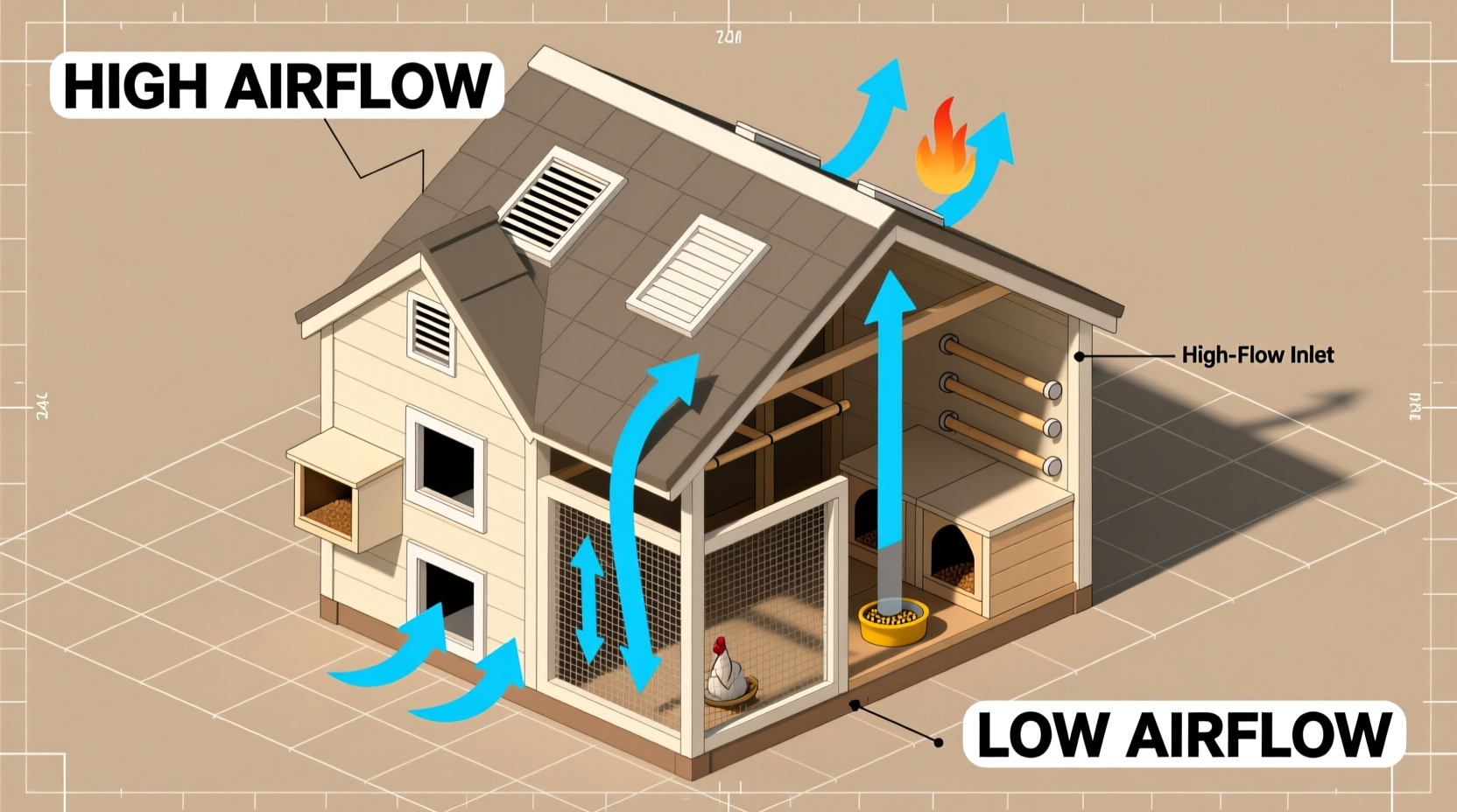 Chicken coop ventilation diagram showing high and low air flow