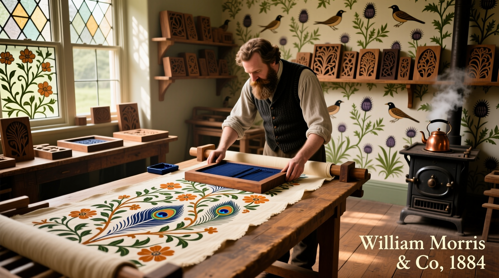 William Morris hand-printing textile patterns in 1880s workshop