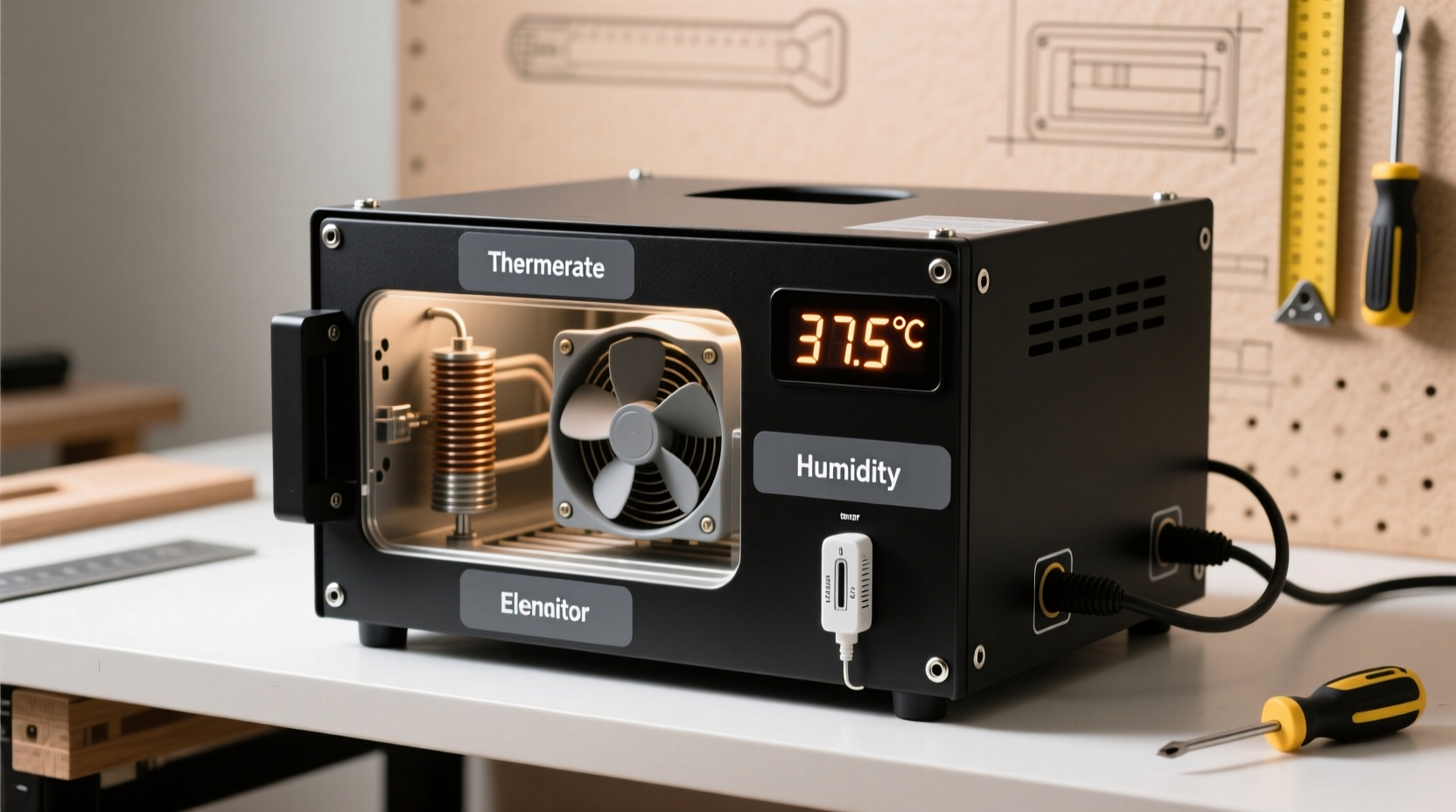 Completed DIY incubator with labeled components and temperature display