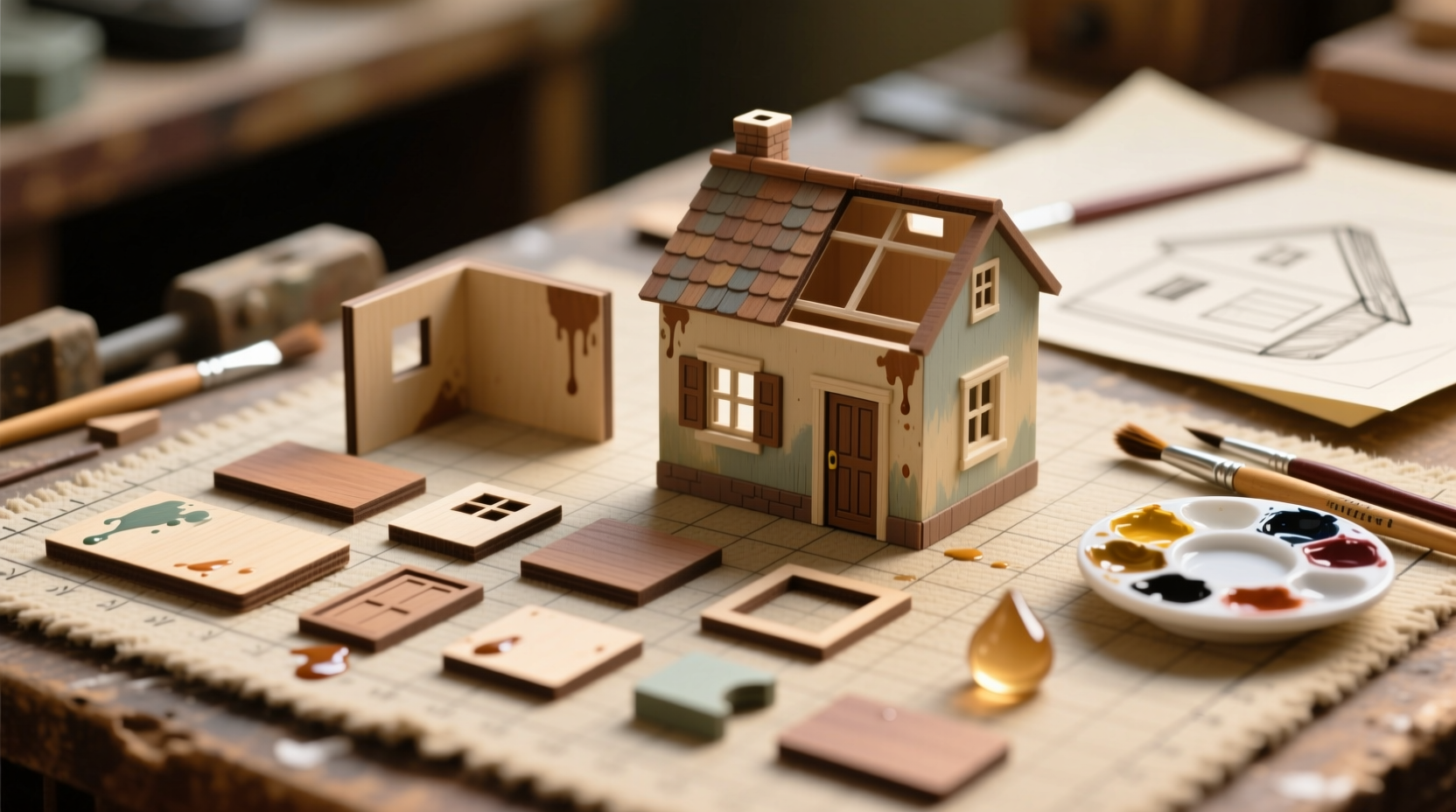 Miniature house kit pieces painted before assembly on craft mat