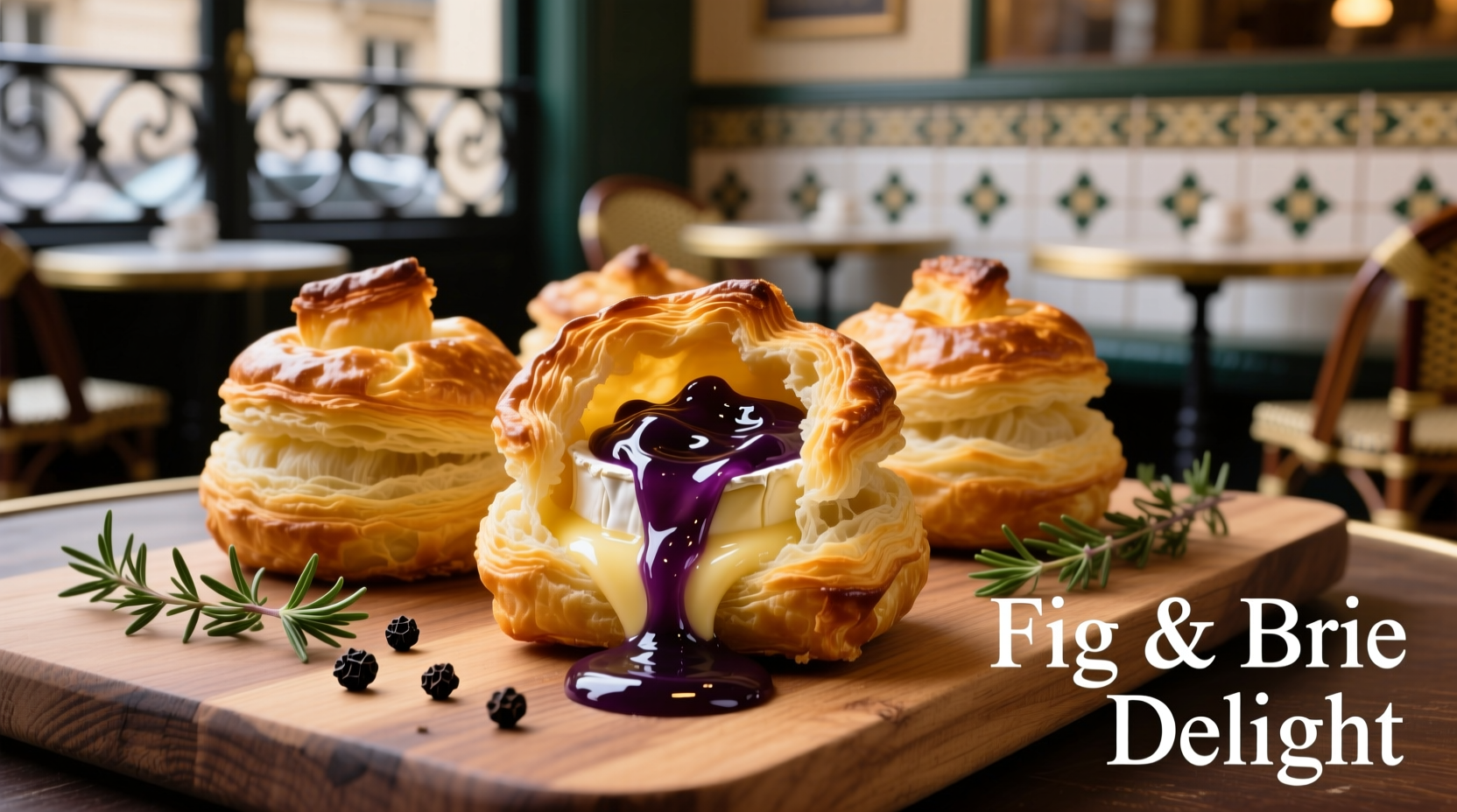 Golden French onion brie puffs with fig jam drizzle
