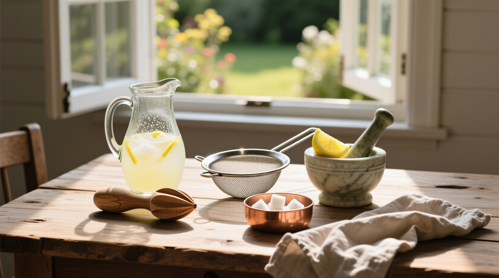 Lemonade preparation tools on wooden table