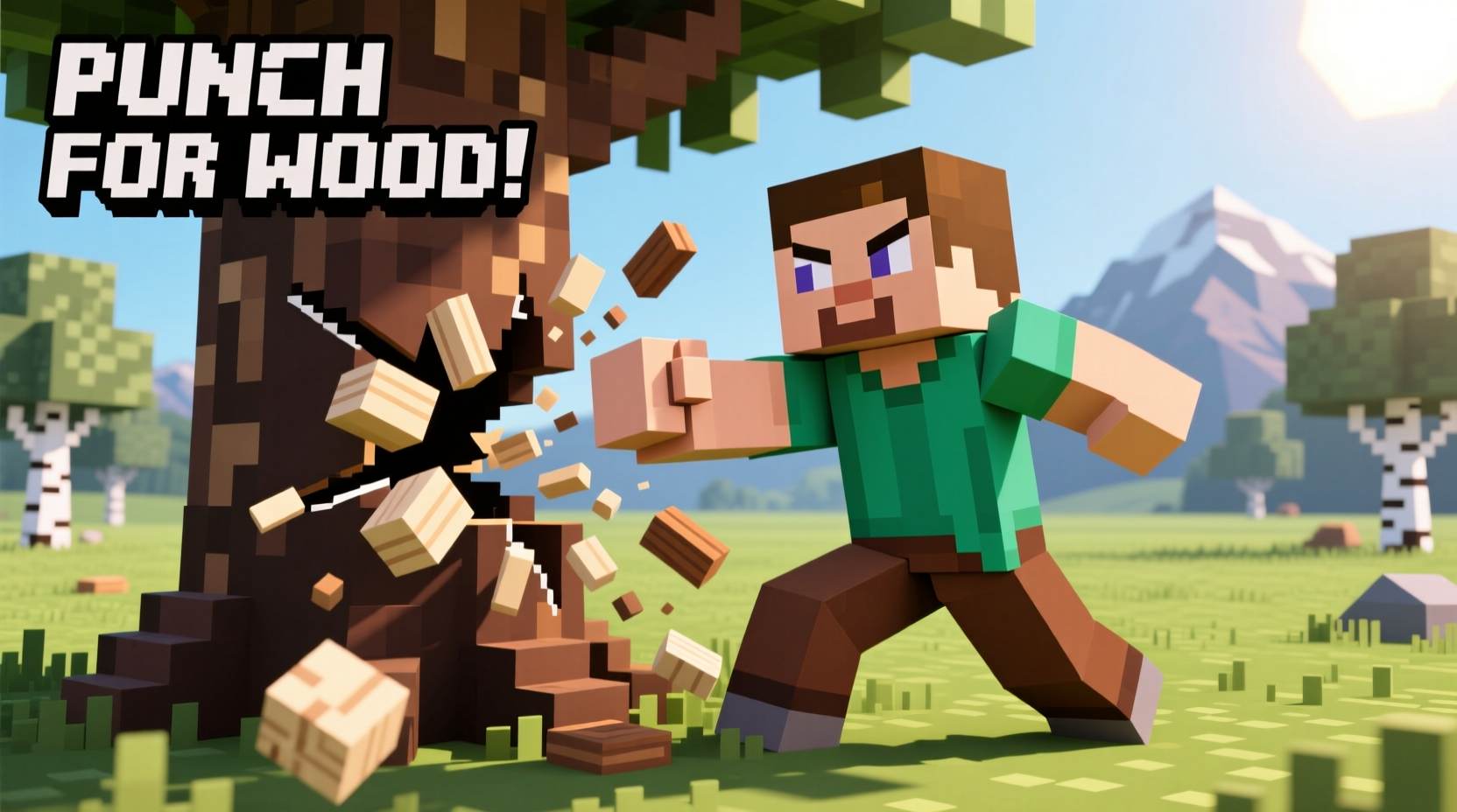 Minecraft player punching oak tree trunk for wood
