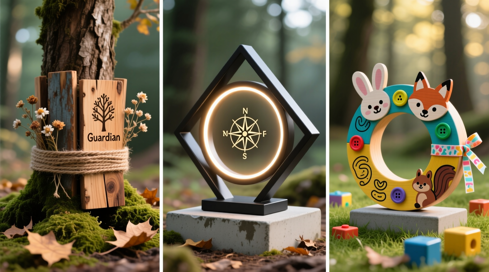 Three DIY tree collar variations showing rustic, modern and kids-friendly designs