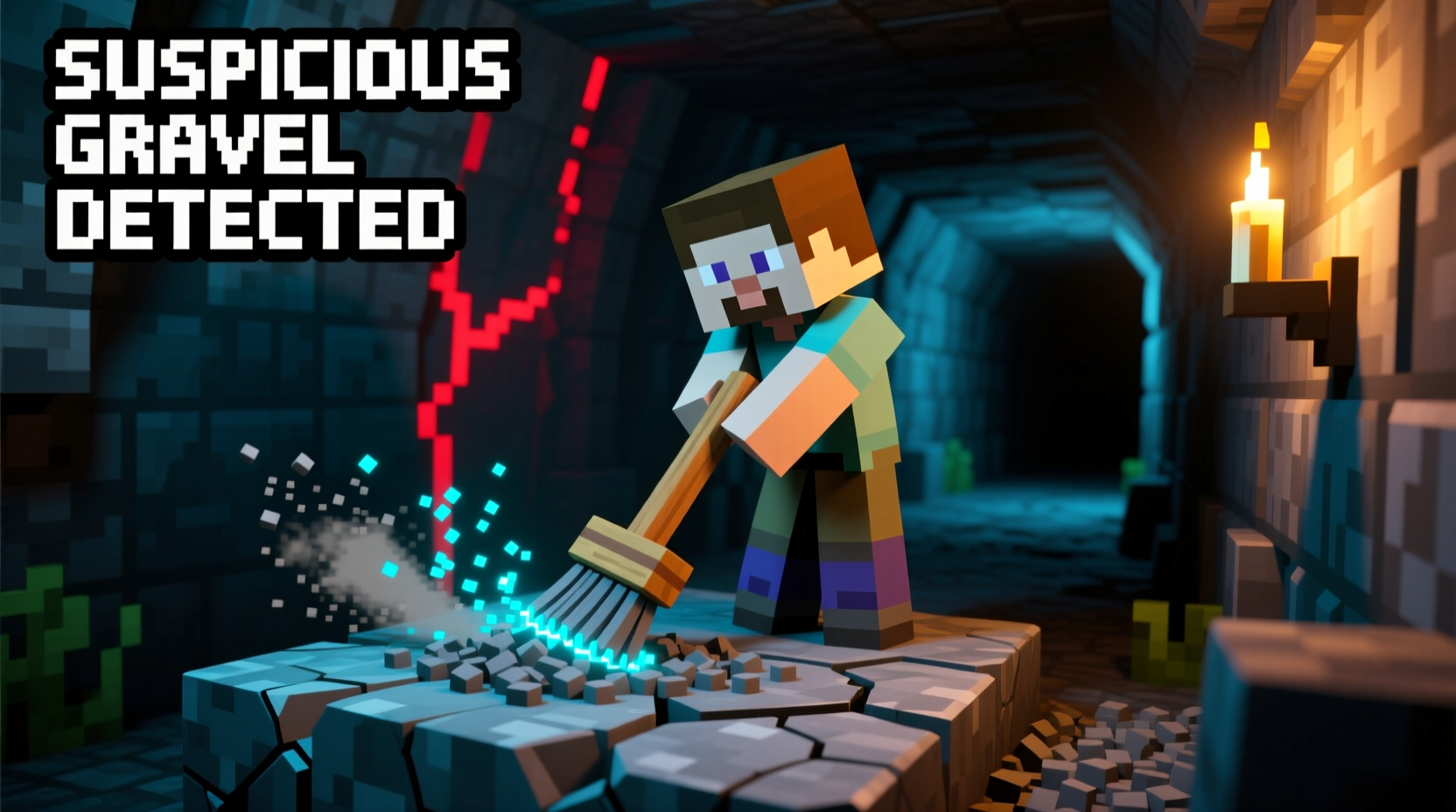 Player using brush on suspicious gravel in Minecraft