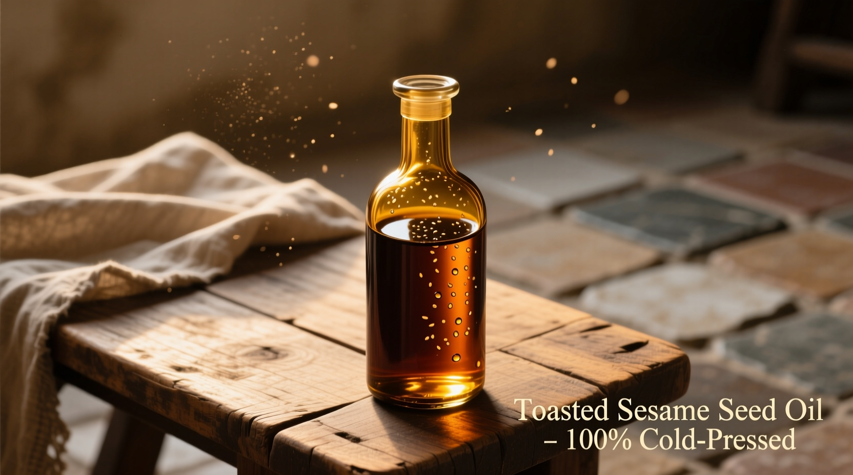 Dark amber toasted sesame seed oil in glass bottle