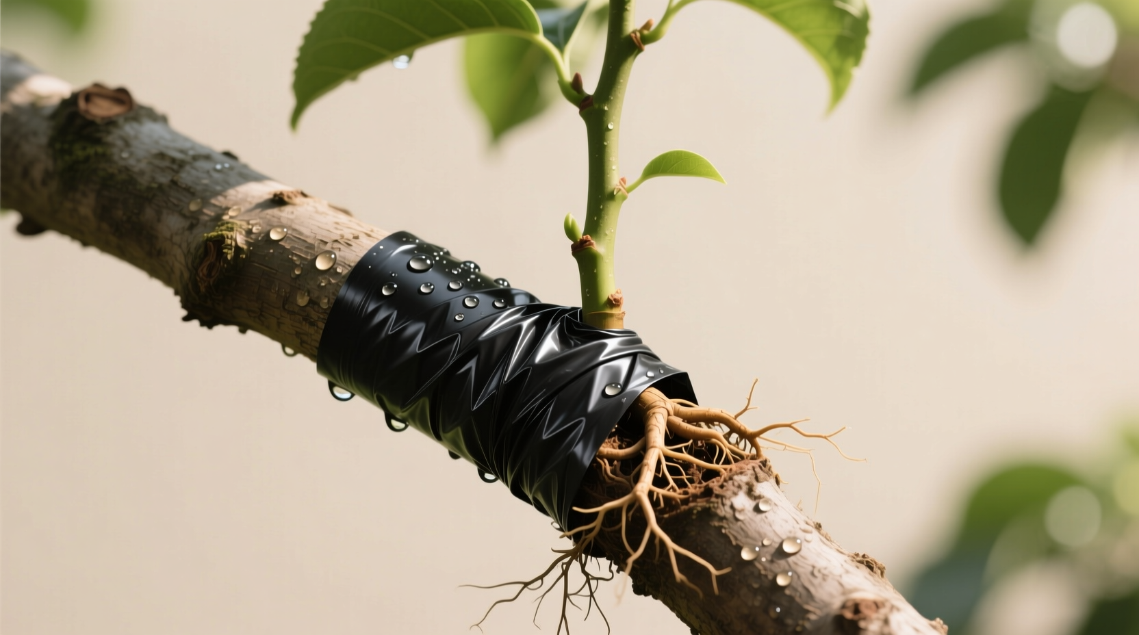 Mid-summer moisture check revealing healthy root formation inside black plastic wrap for slow-rooting fruit trees