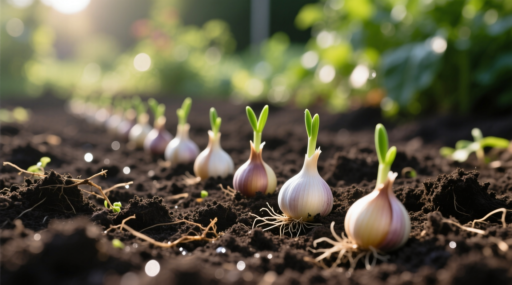 Garlic cloves properly planted in garden soil
