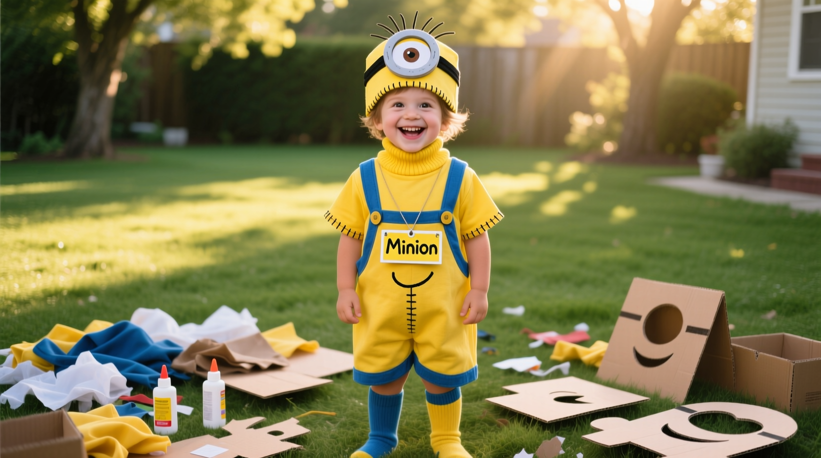 Child wearing completed homemade Minion costume smiling