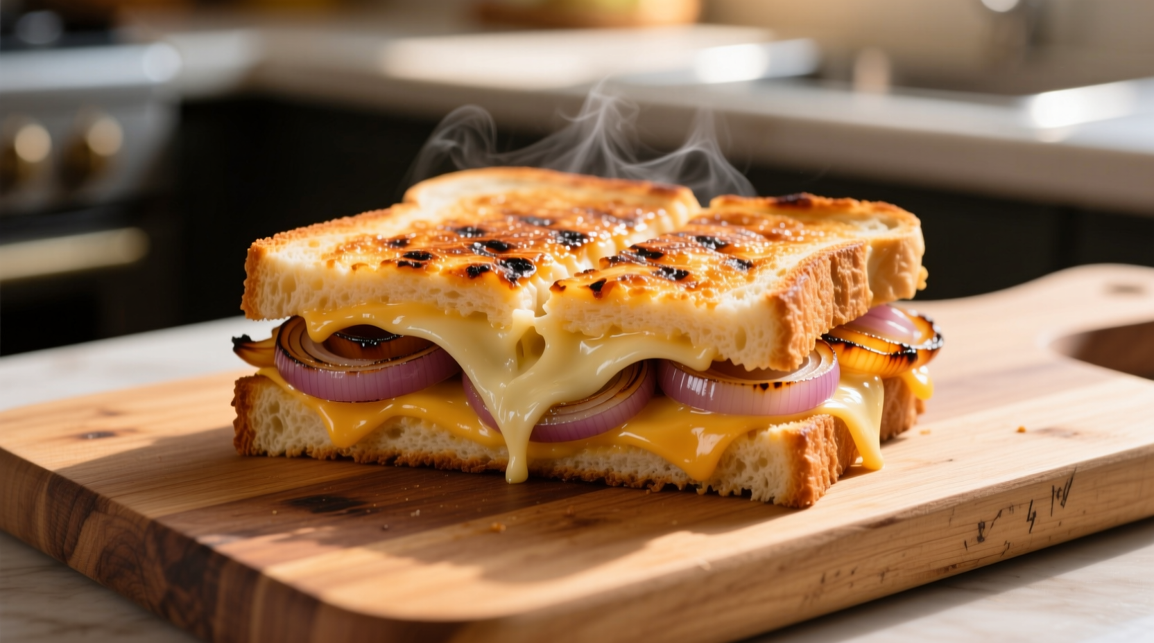 Perfectly grilled cheese and onion sandwich on wooden board