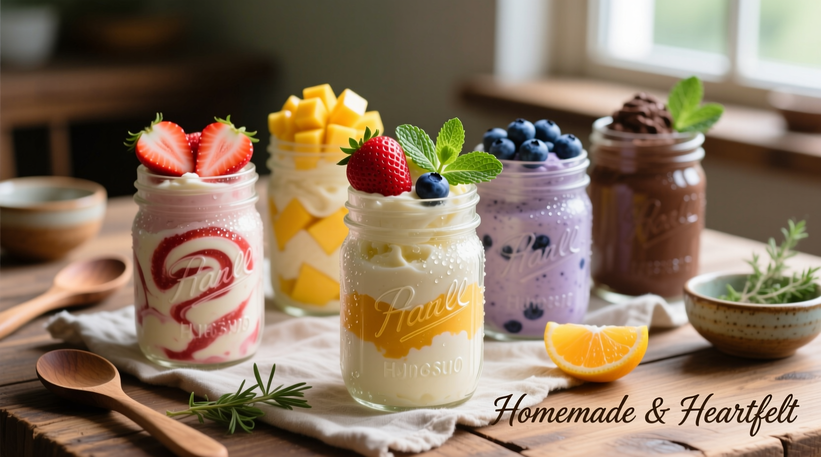 Homemade ice cream flavors in mason jars with fresh fruit toppings