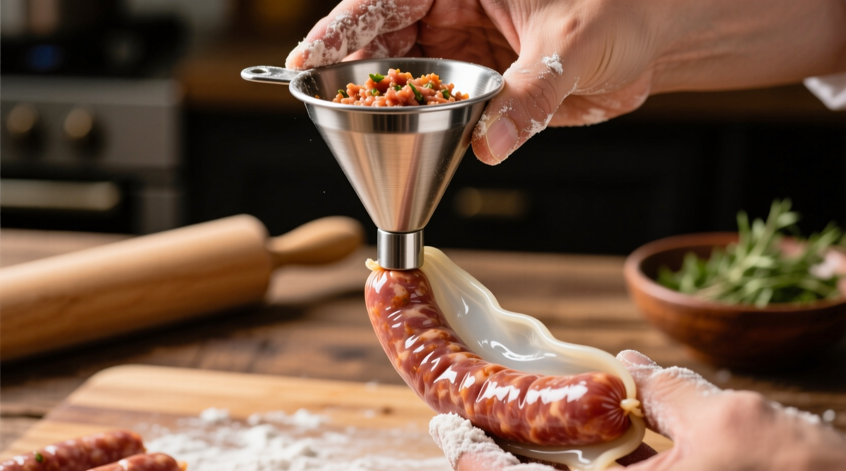 Hand stuffing sausage casings using kitchen funnel