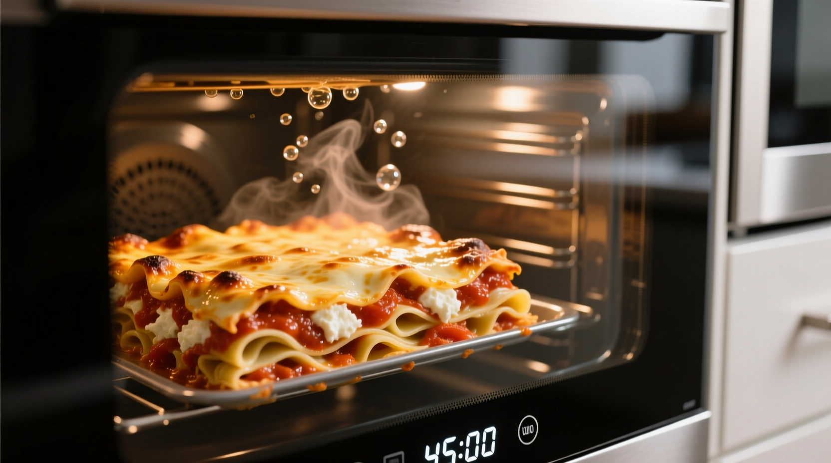 Bubbling lasagna in oven with timer showing 45 minutes