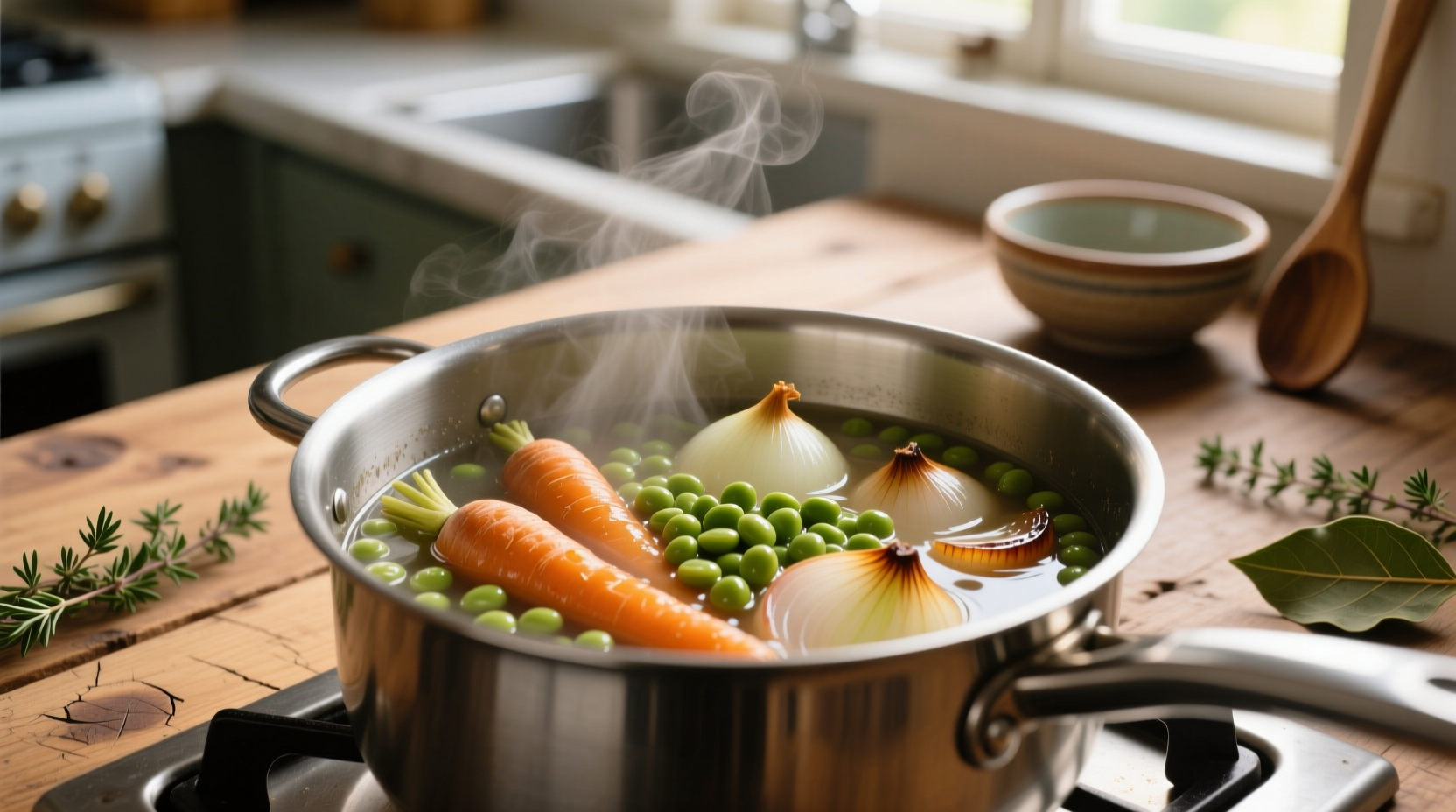 Split peas simmering in a pot with carrots and onions