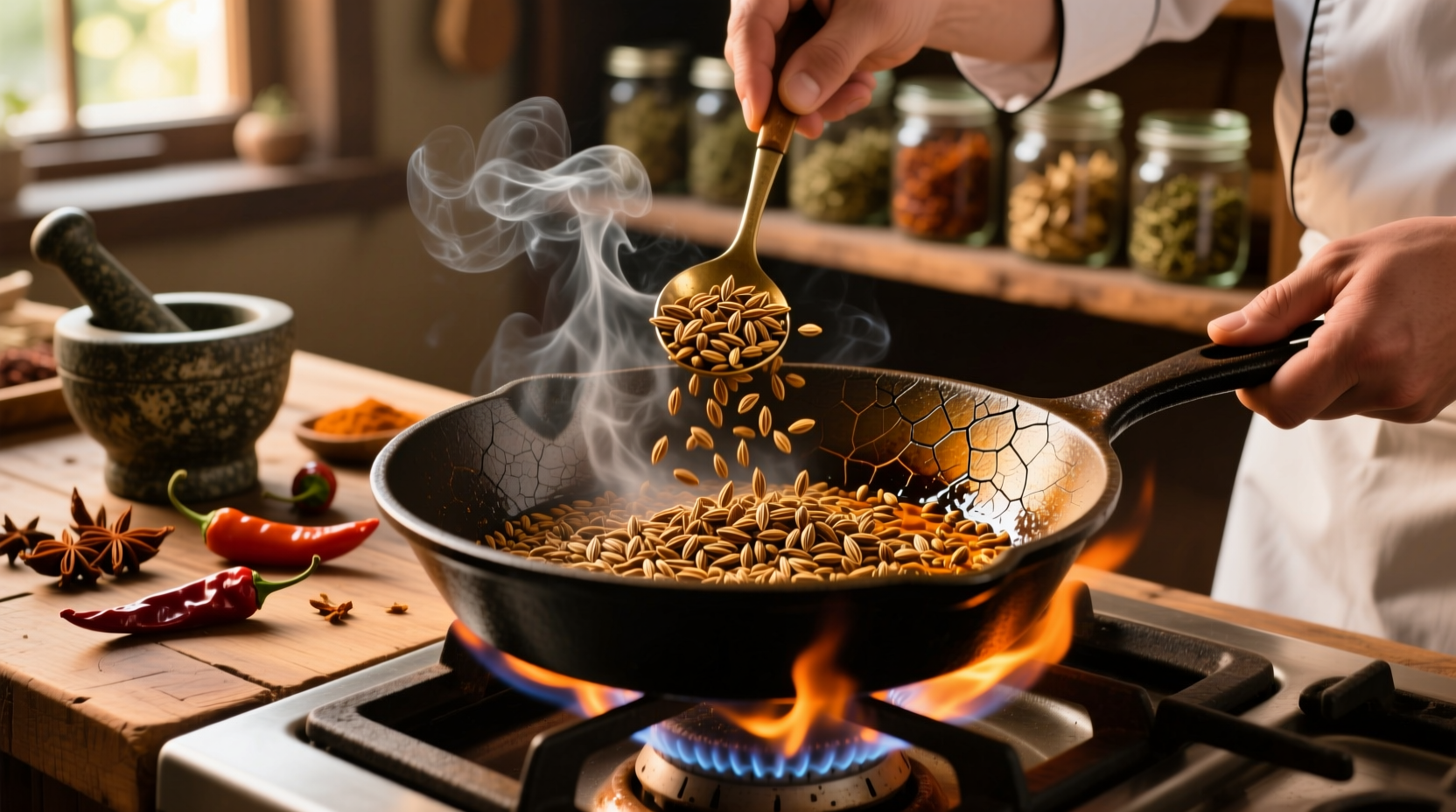 Chef toasting cumin seeds in cast iron skillet for homemade chili spices