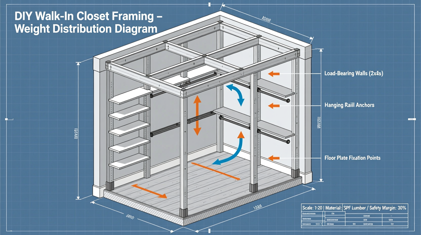 DIY walk-in closet framing with weight distribution diagram