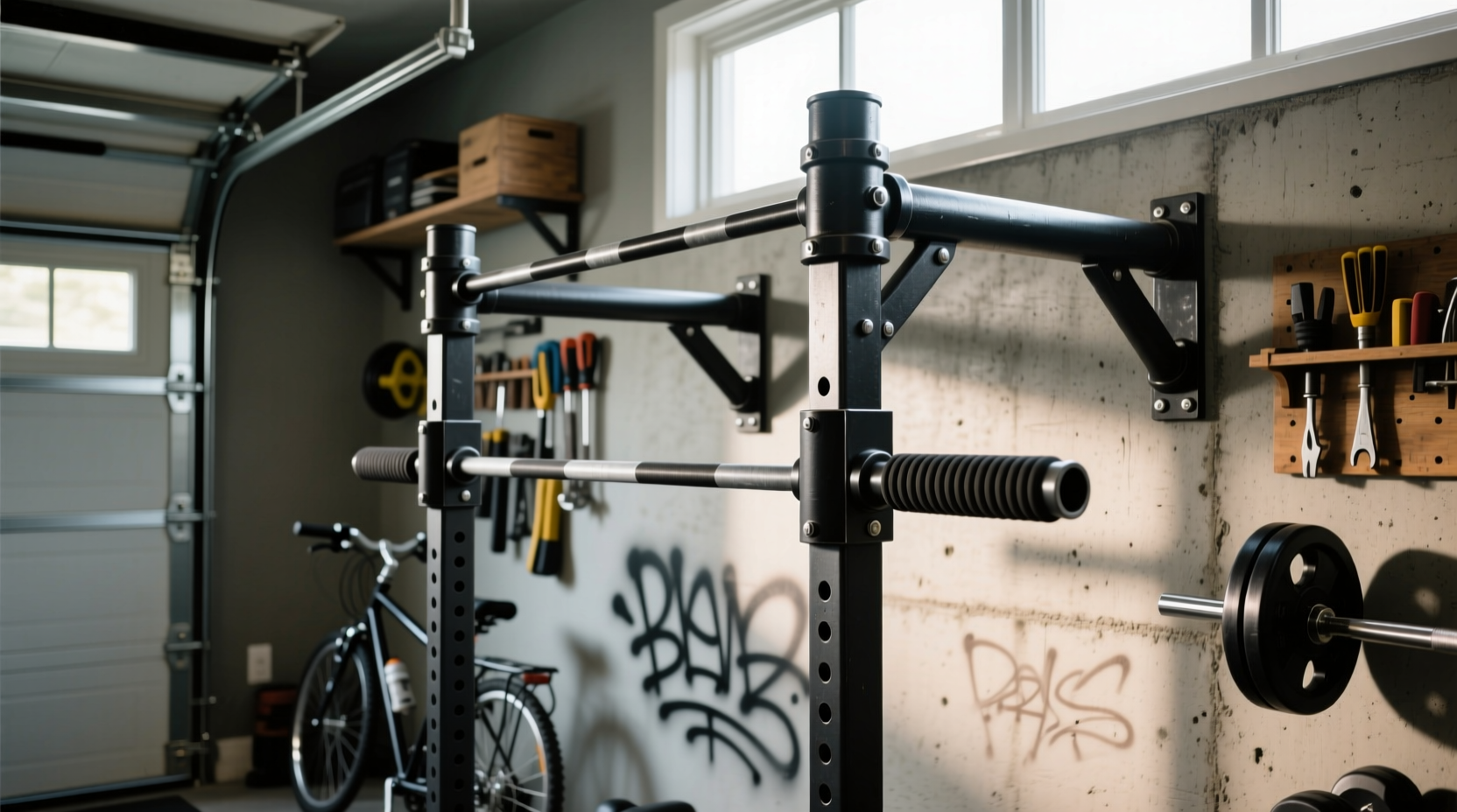 Steel pipe dip station mounted in home garage corner