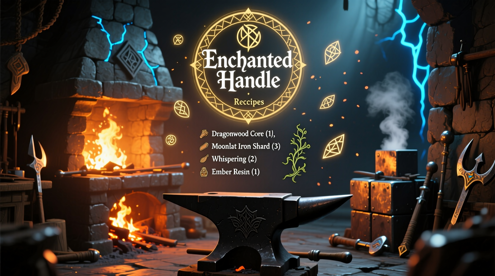 Crafting interface showing Enchanted Handle recipe at forge