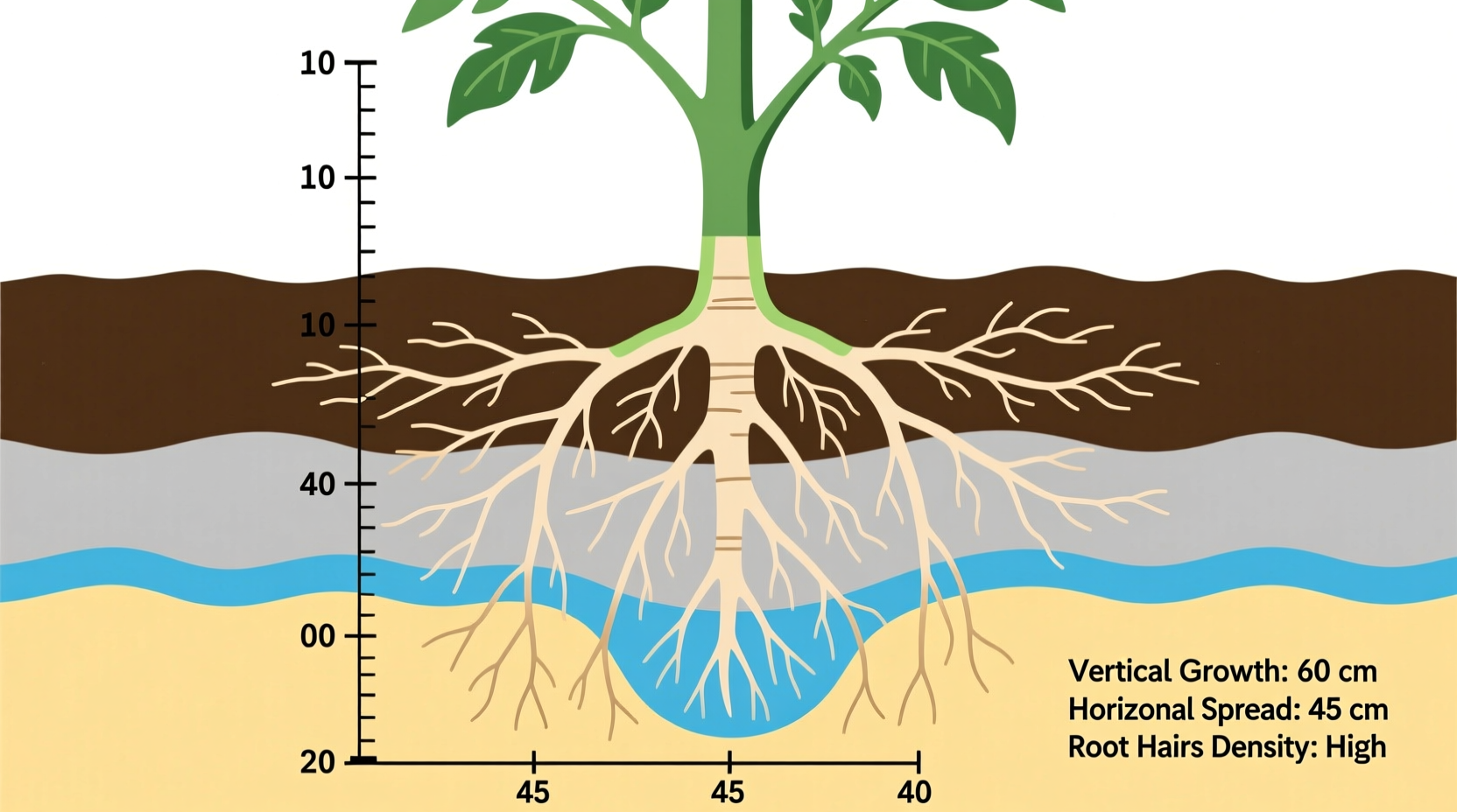 Tomato root system depth diagram showing vertical and horizontal growth patterns