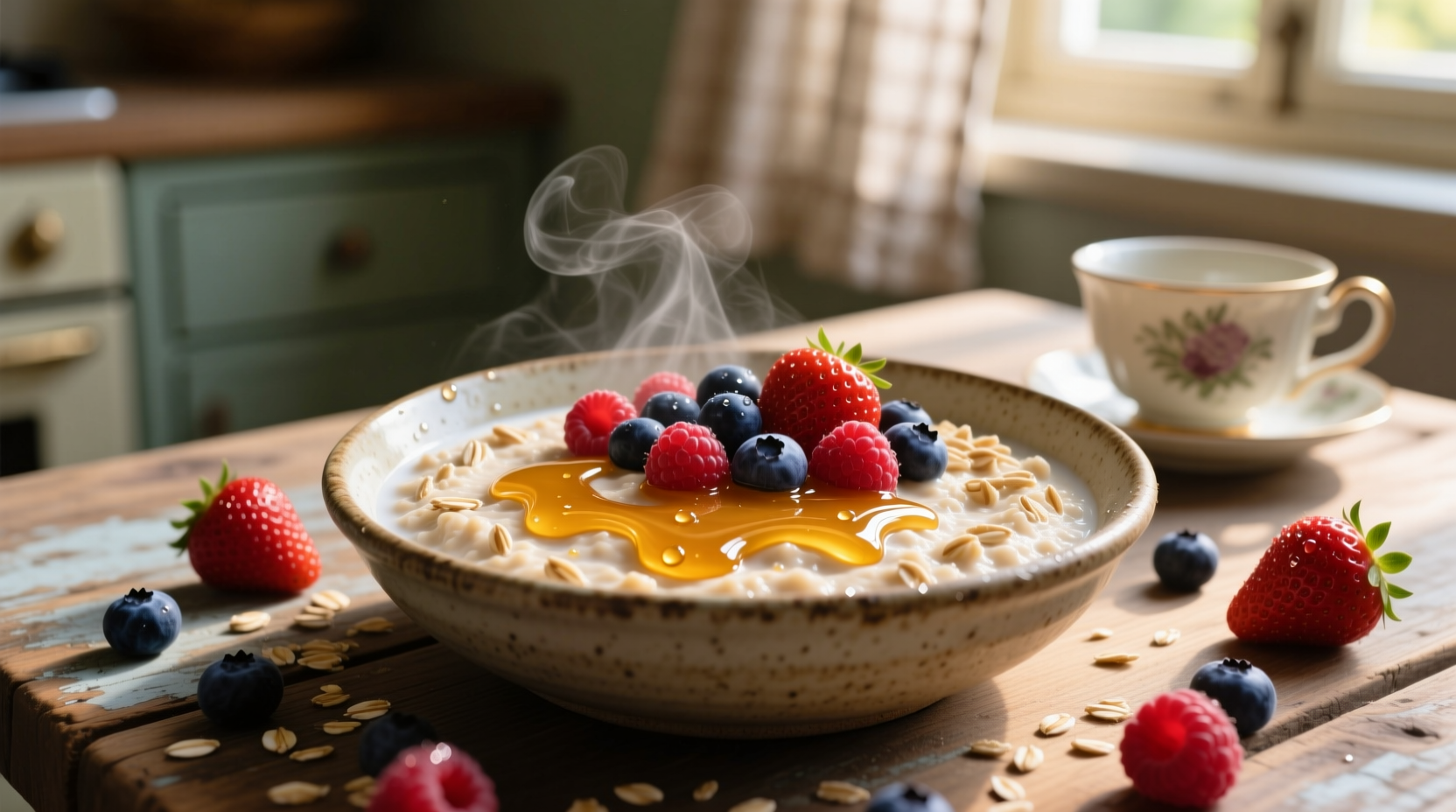 Creamy oatmeal with golden honey drizzle and fresh berries