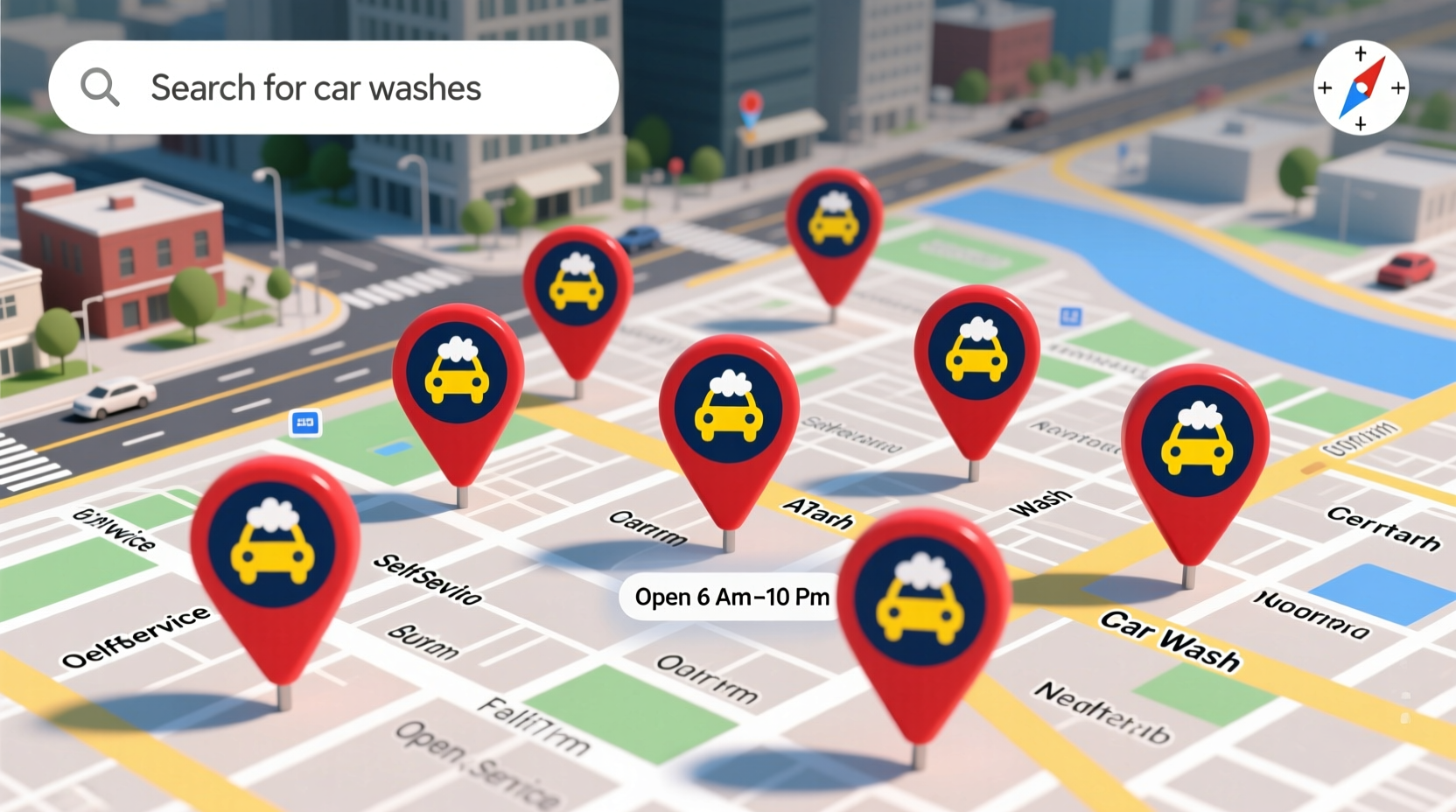 Google Maps showing self-service car wash locations with pins