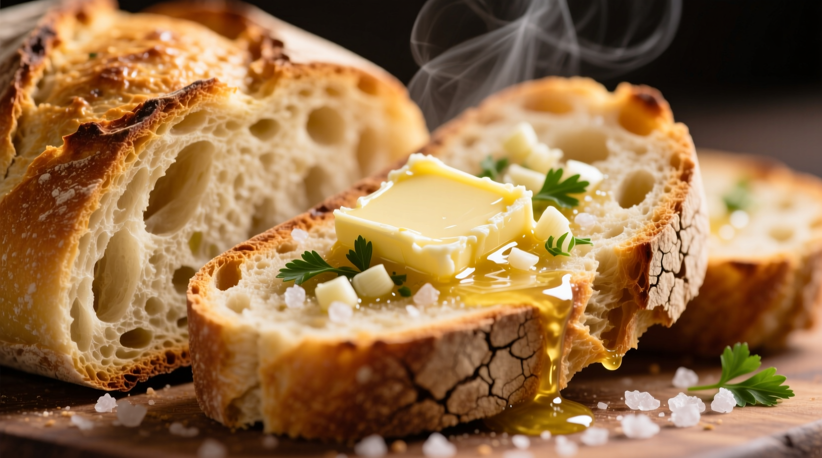 golden sourdough garlic bread with melted butter