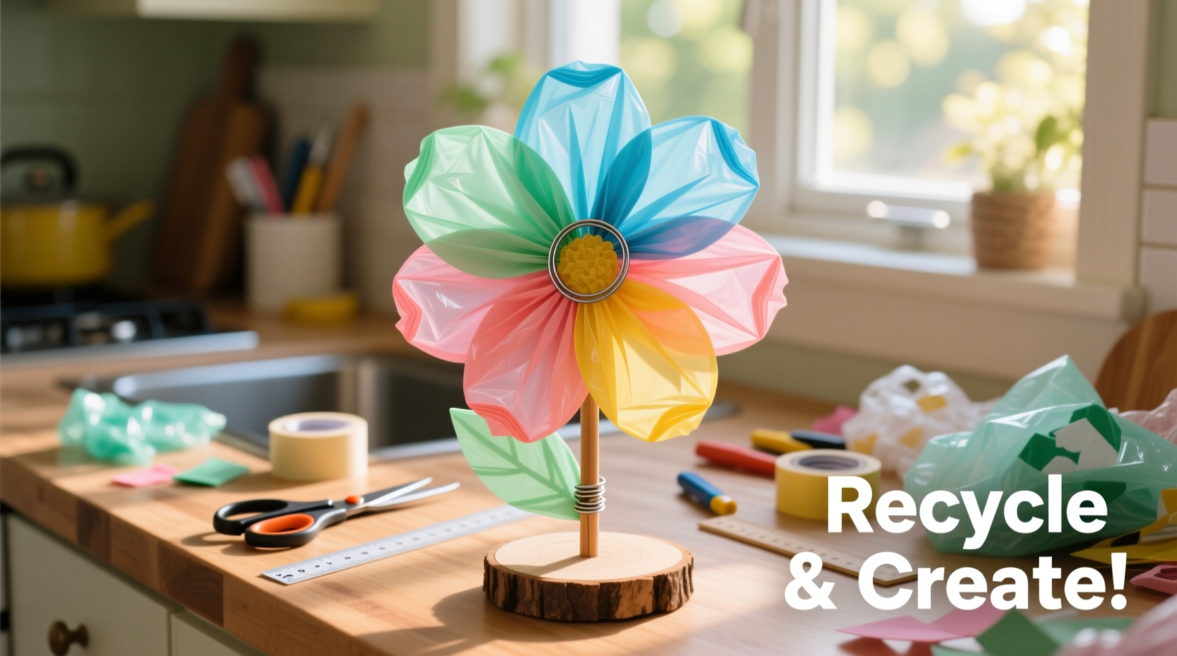 Beginner green craft project with recycled plastic bags