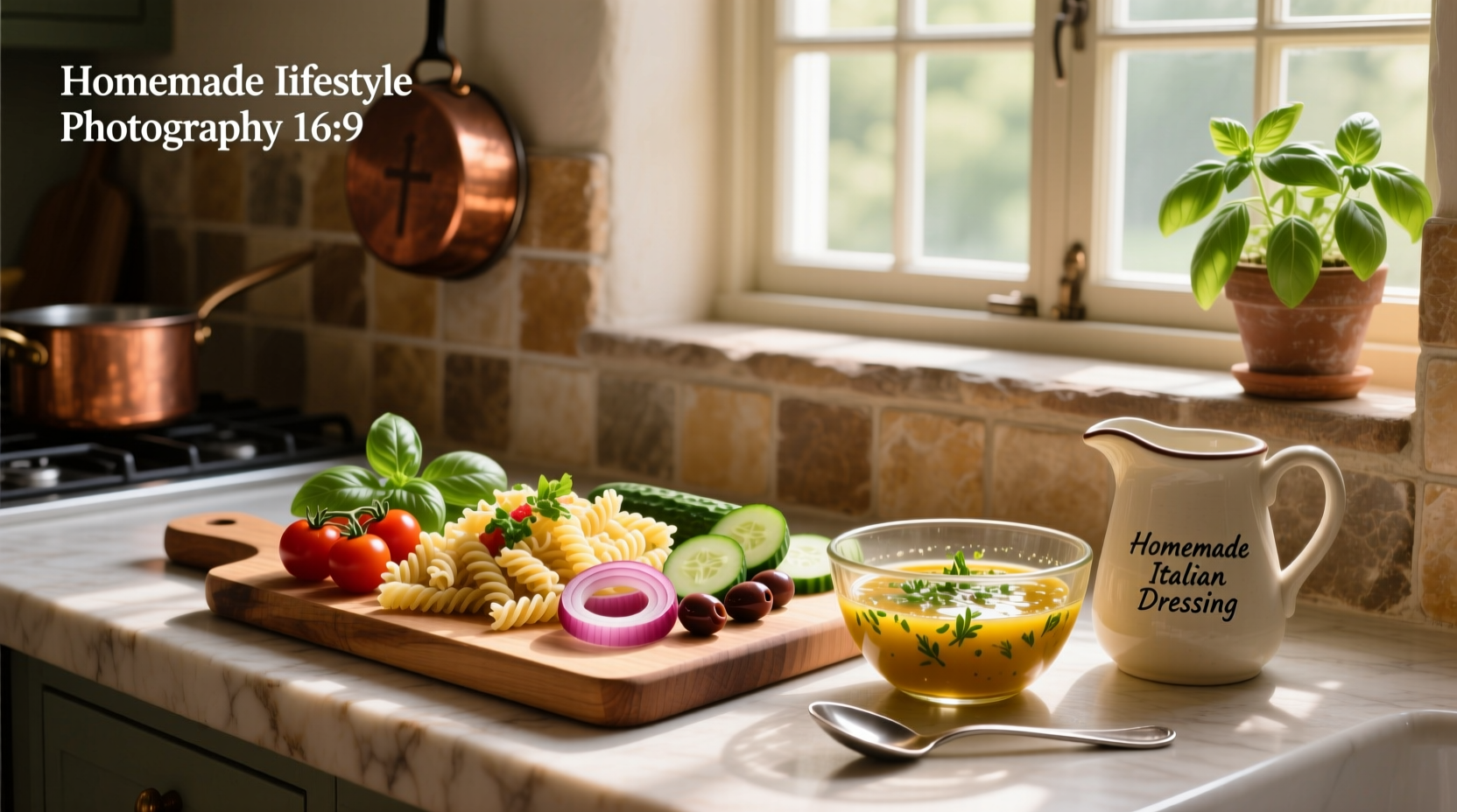 Step-by-step preparation of homemade Italian dressing pasta salad with colorful vegetables and herbs