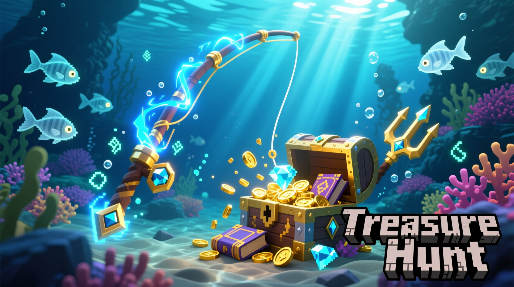 Enchanted fishing rod catching treasure in Minecraft