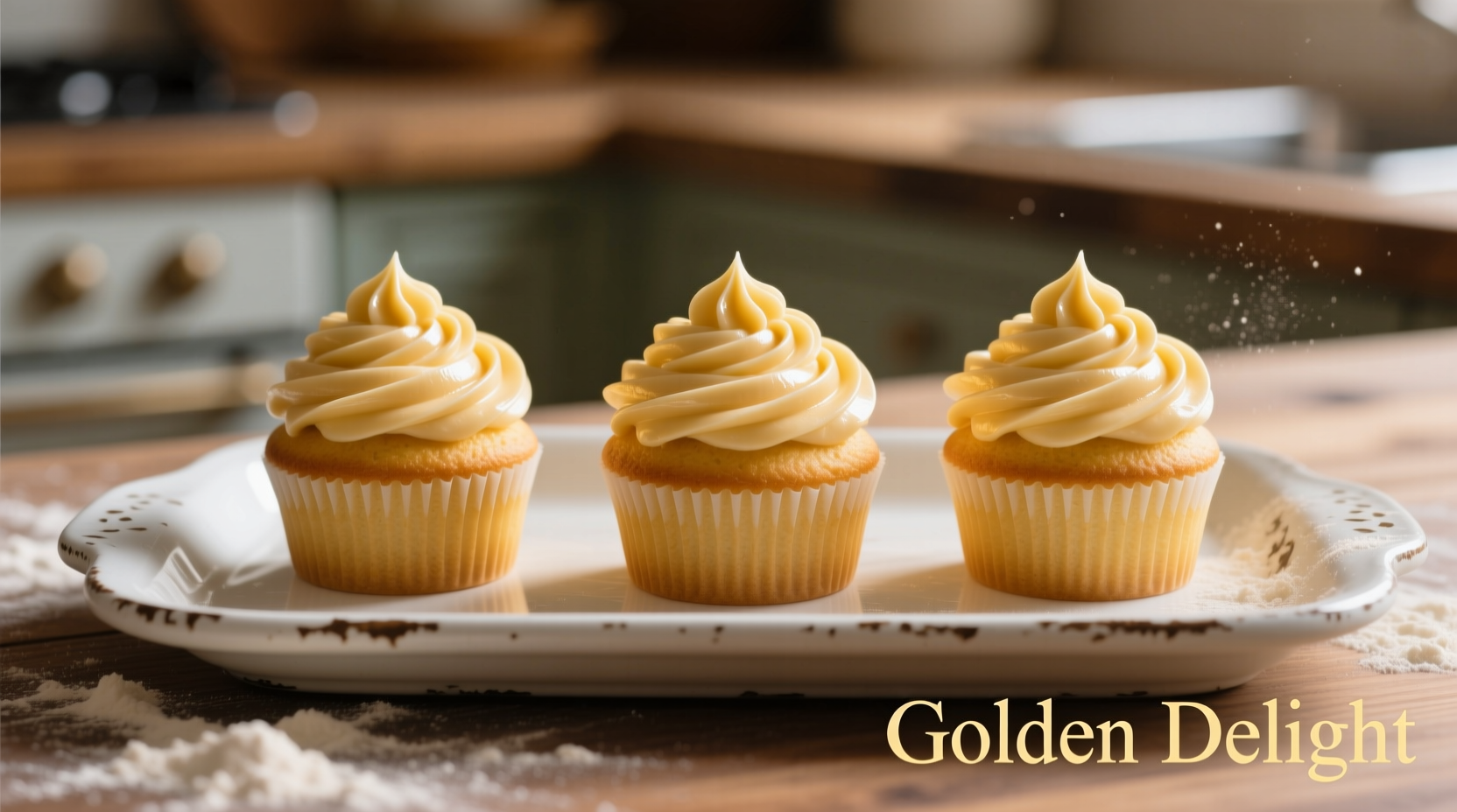 Three perfect golden cupcakes with swirl frosting on baking tray