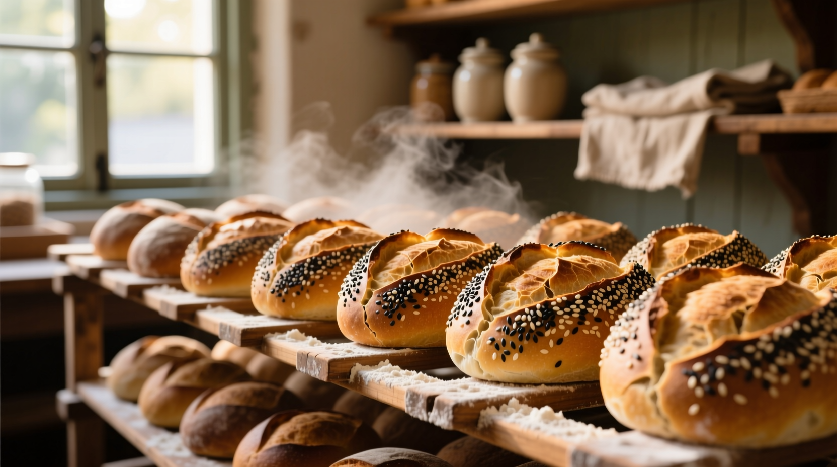 Artisan sesame breads cooling on bakery racks