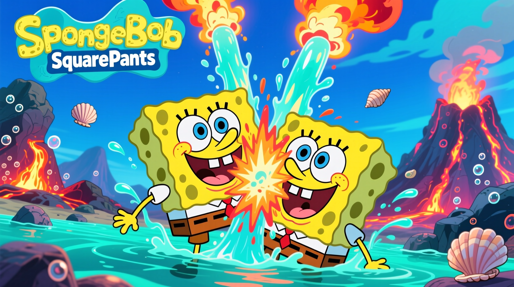 Two geysers merging to create spongebob squarepants element