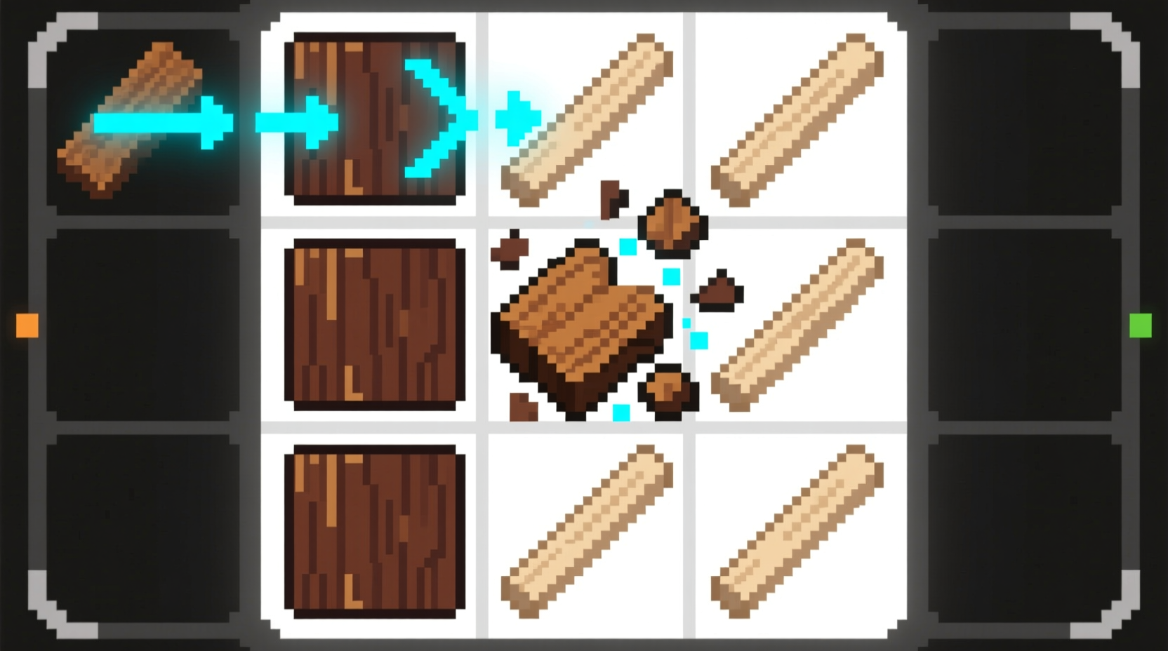 Minecraft crafting grid showing wood planks turning into sticks