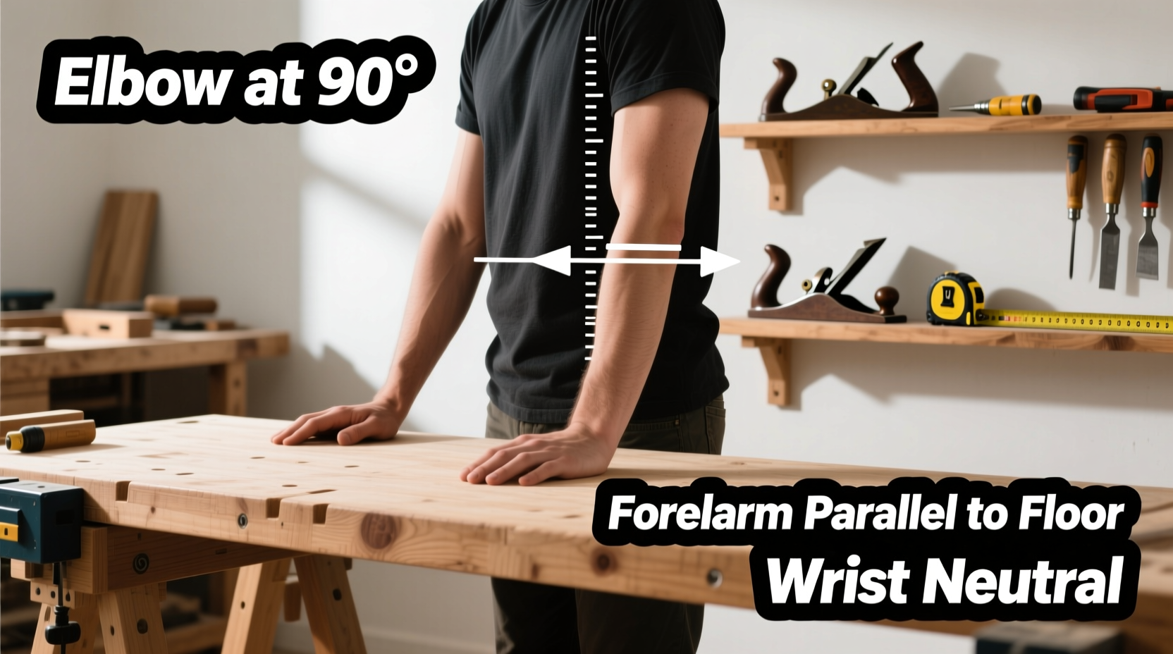 DIY workbench height measurement guide showing elbow alignment