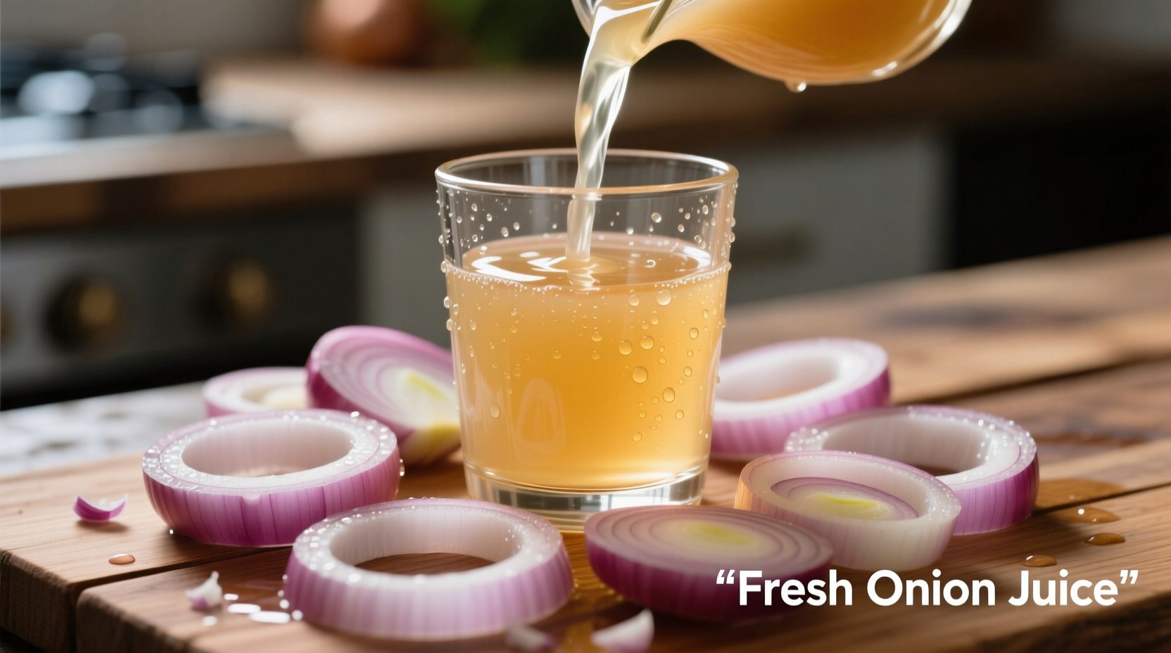 Fresh onion juice in glass container with sliced onions