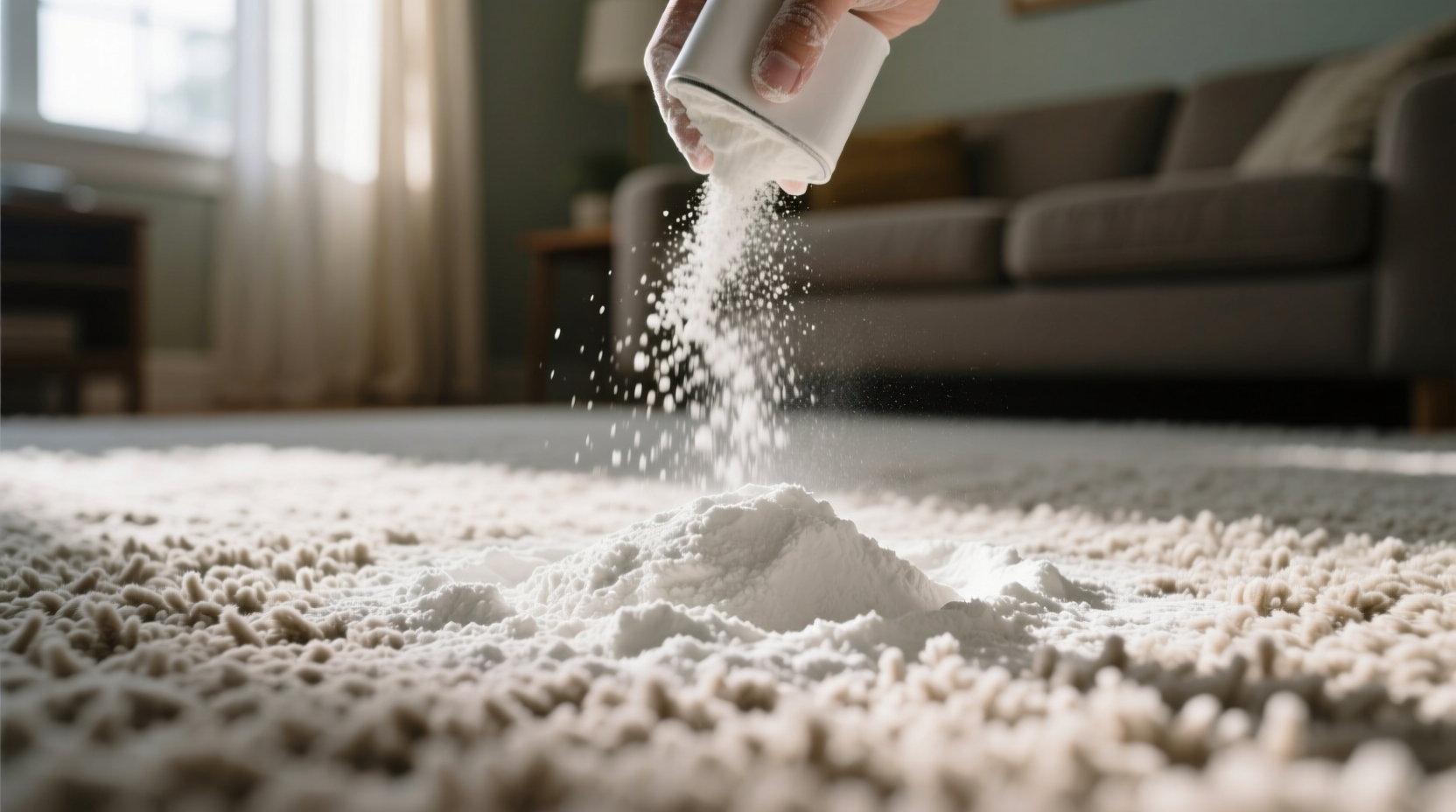 Baking soda application on carpet for deep cleaning