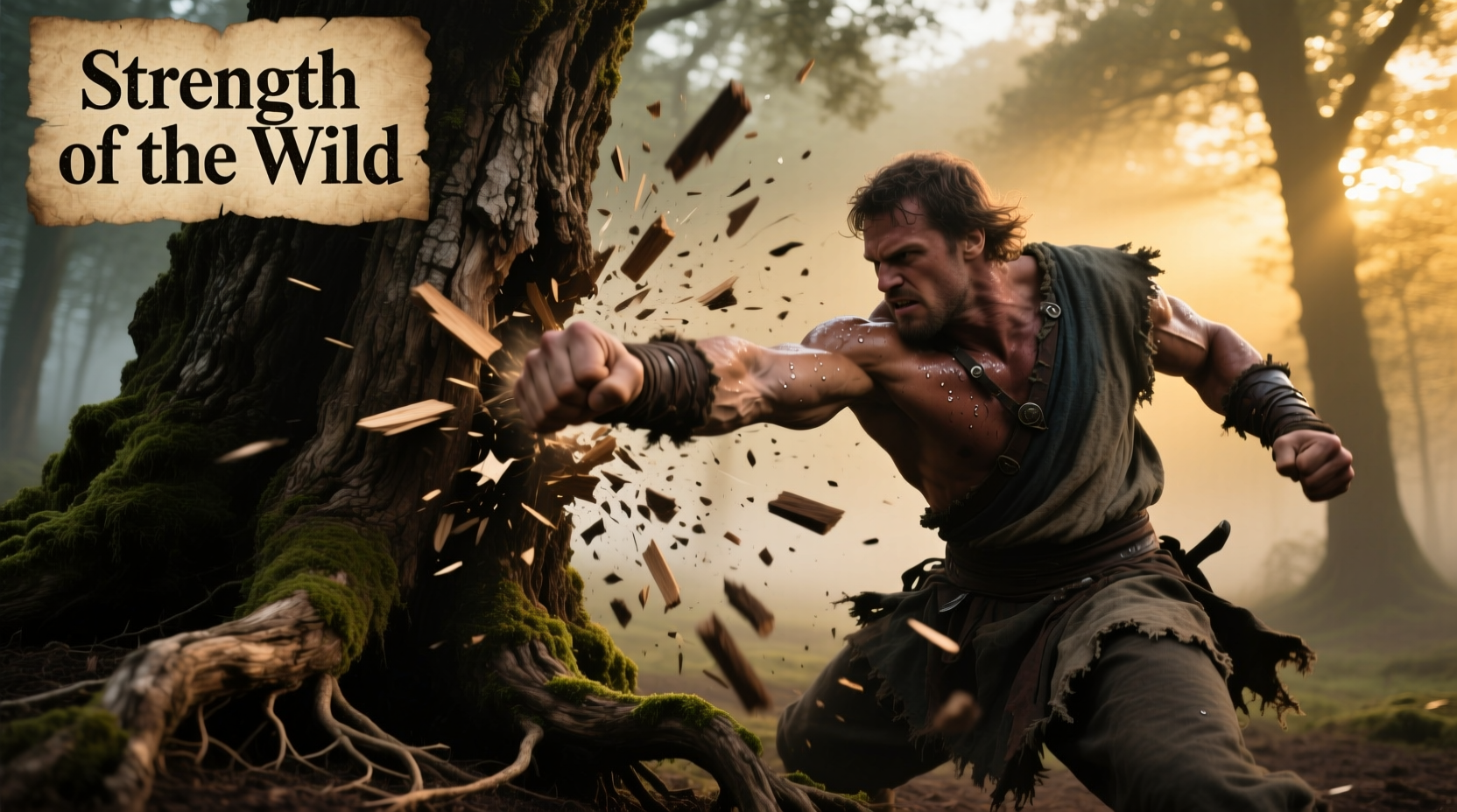 Player punching oak tree trunk with bare hands